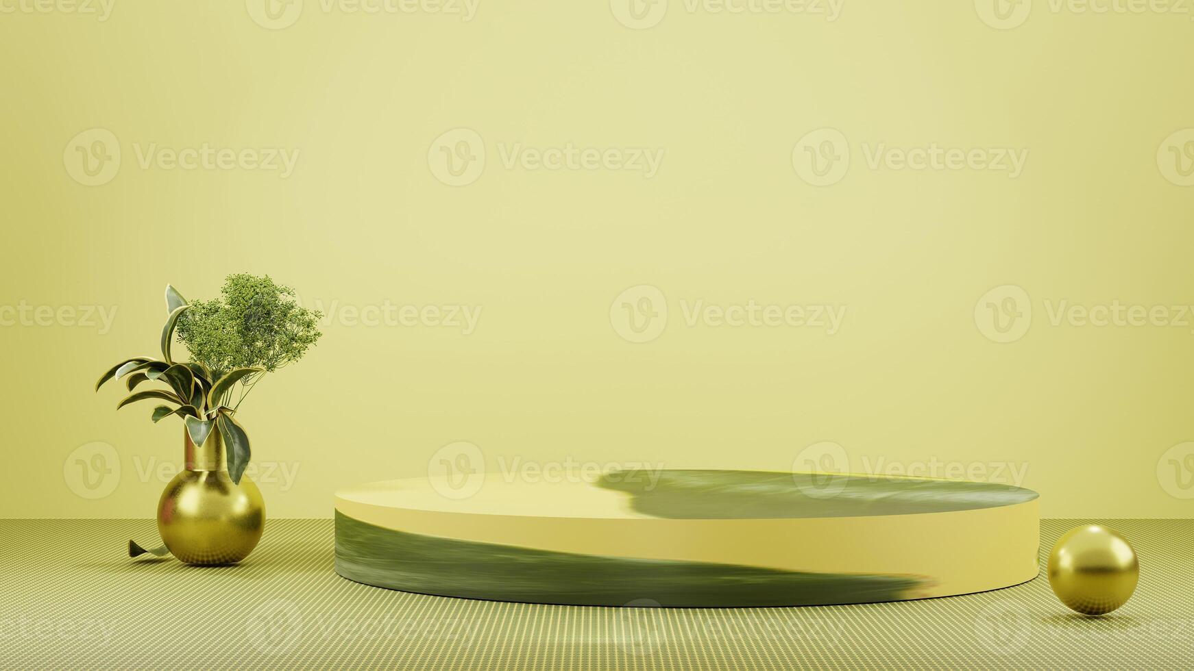 A yellow room with a round table and vases photo