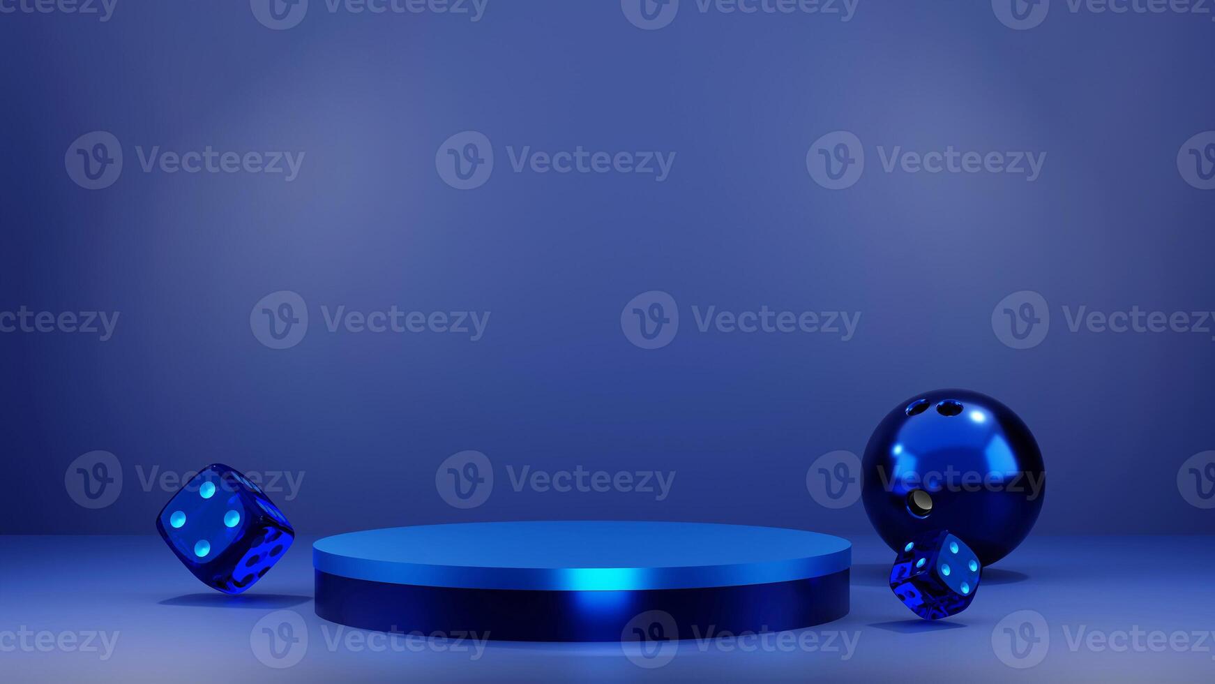 Blue 3d render of a round table with two dice and a blue ball photo