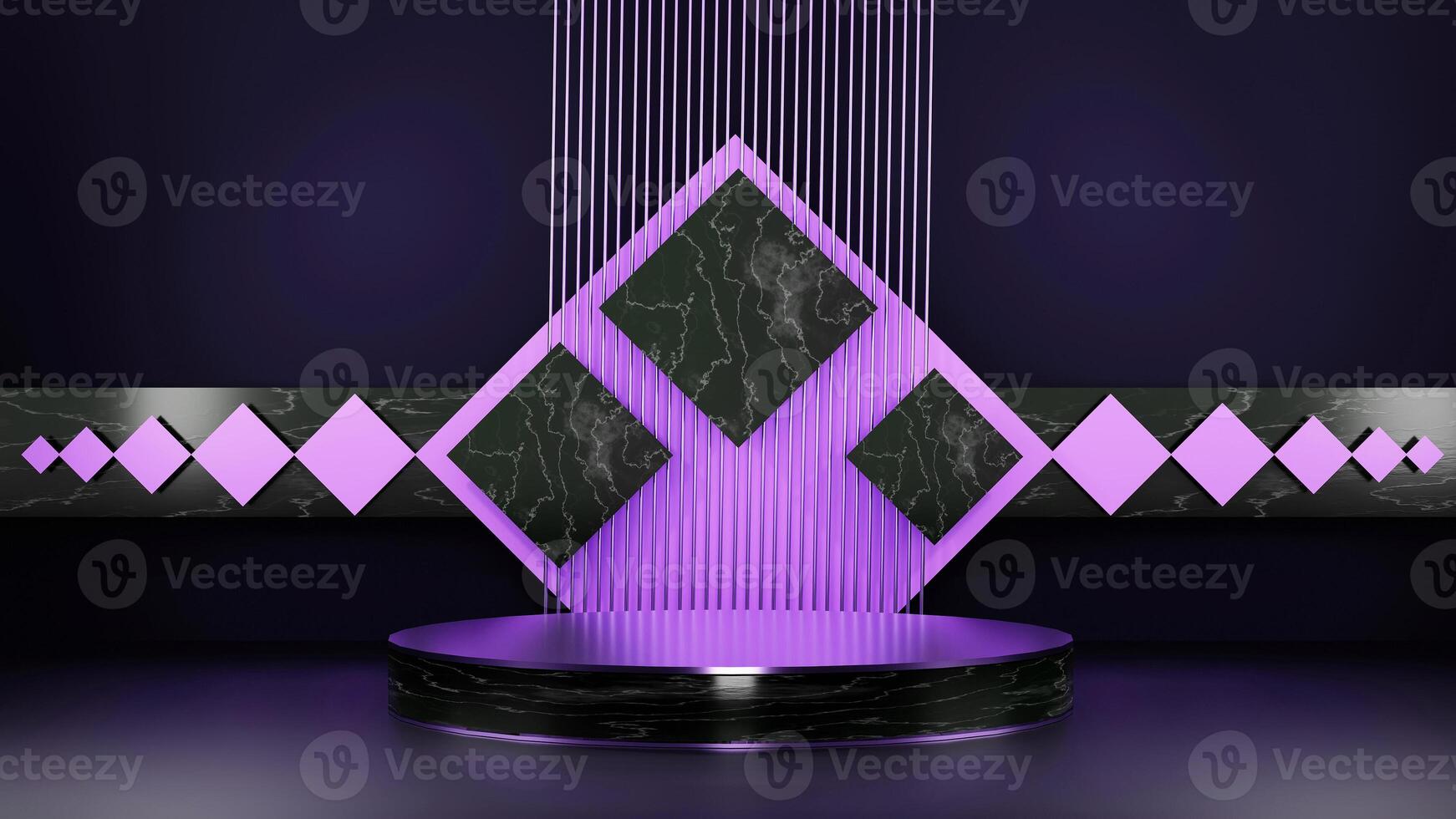 A purple and black background with a podium and a purple light photo