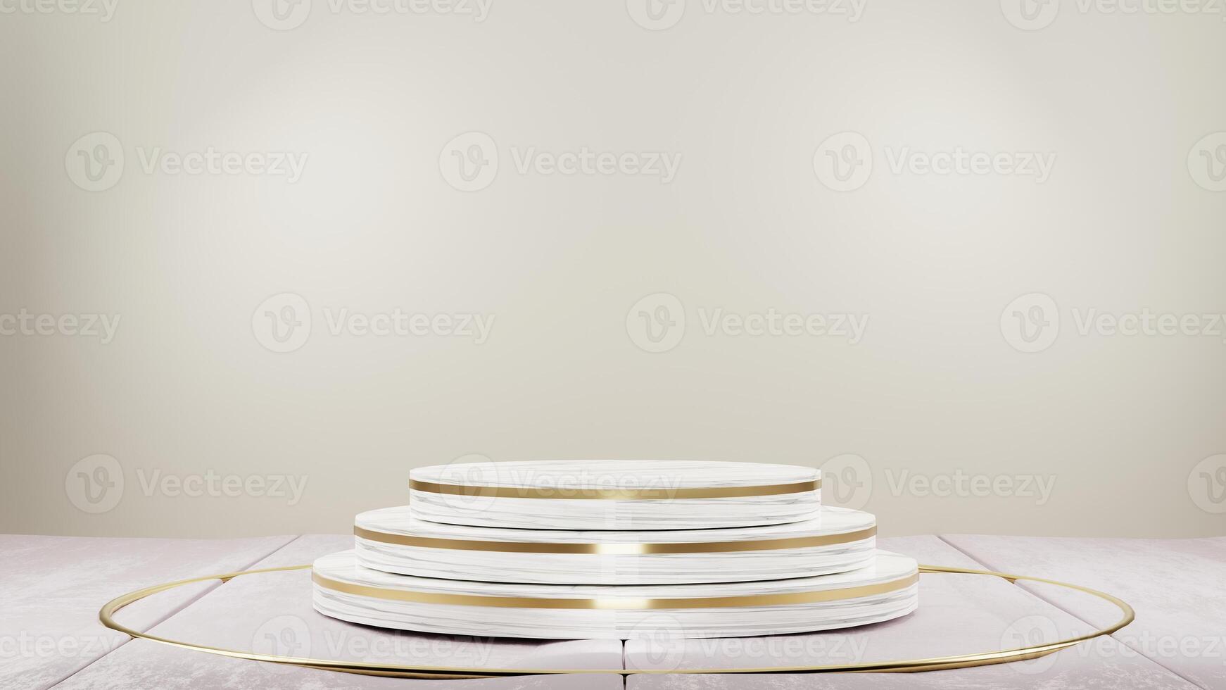 A stack of white plates with gold trim on a wooden table photo