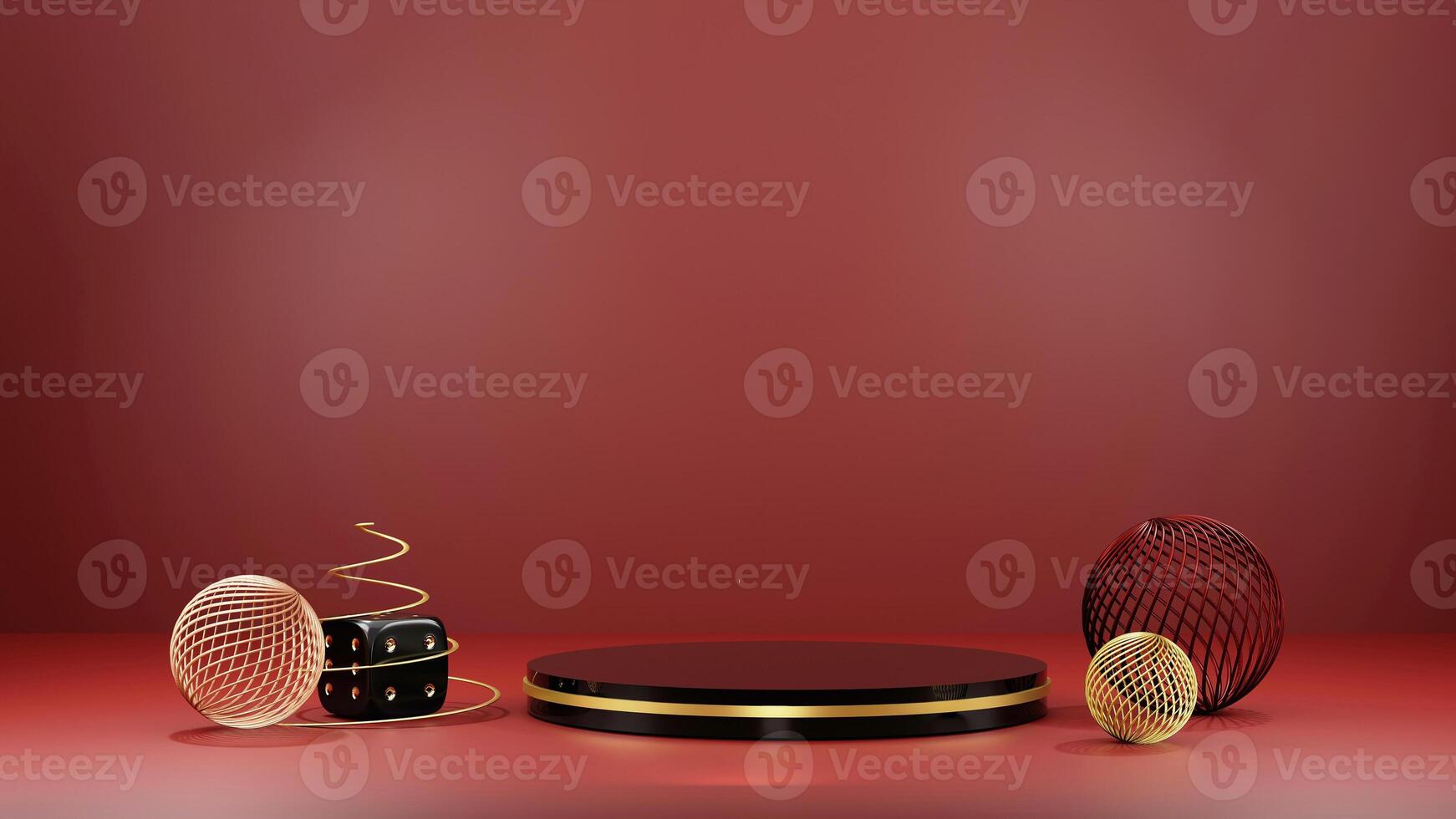 A red background with a black round table and some gold and silver objects photo