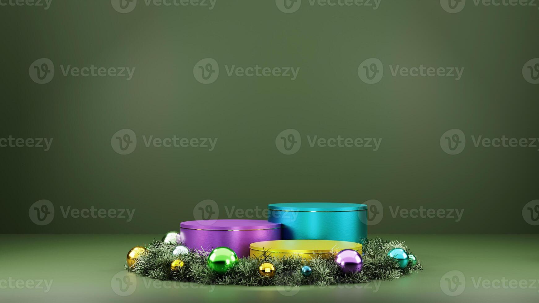 Christmas wreath with colorful christmas decorations on green background photo