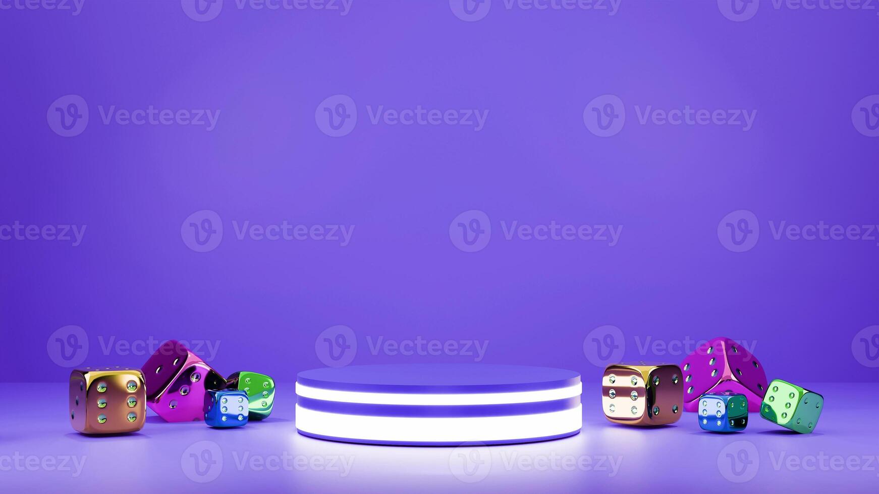 A purple table with several colorful dice photo