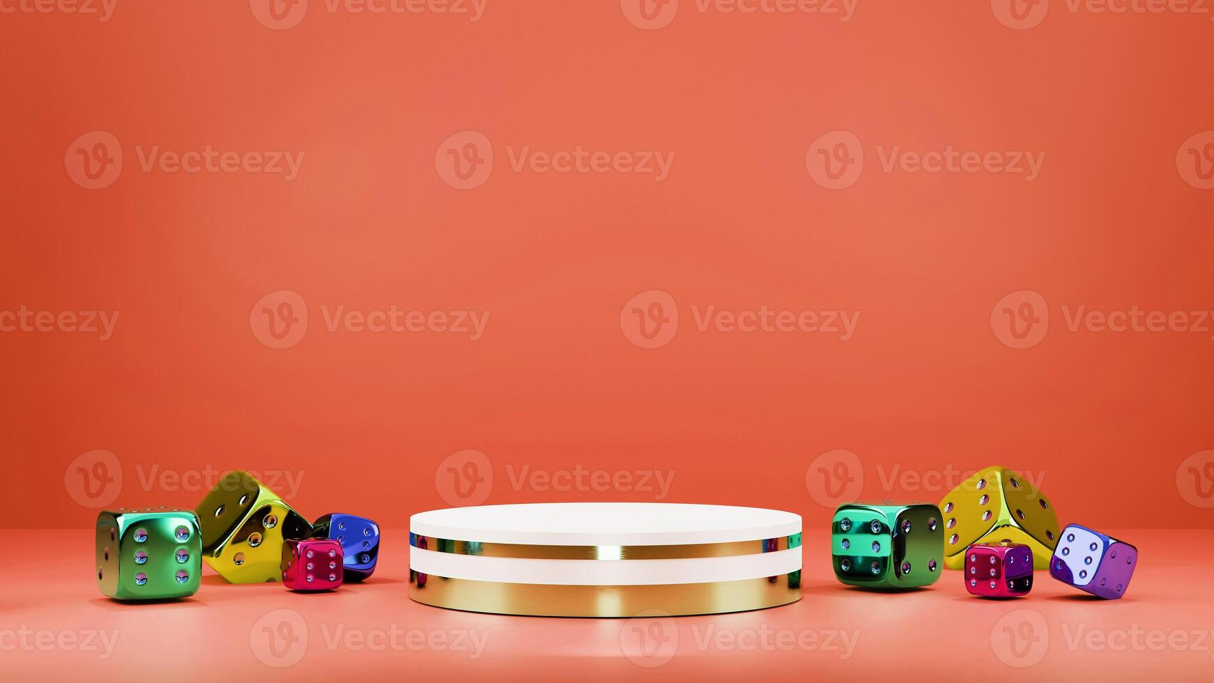 Golden round table with colorful dice on red background 3d render photo