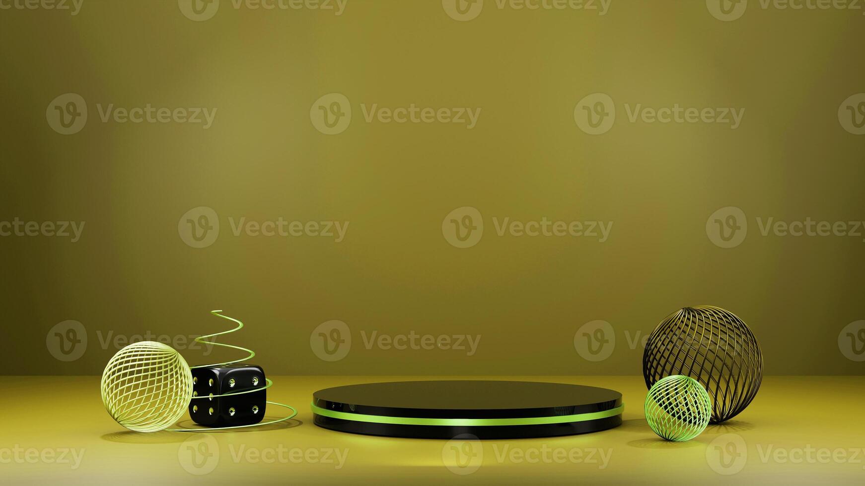 A green and yellow background with a round table and some objects photo