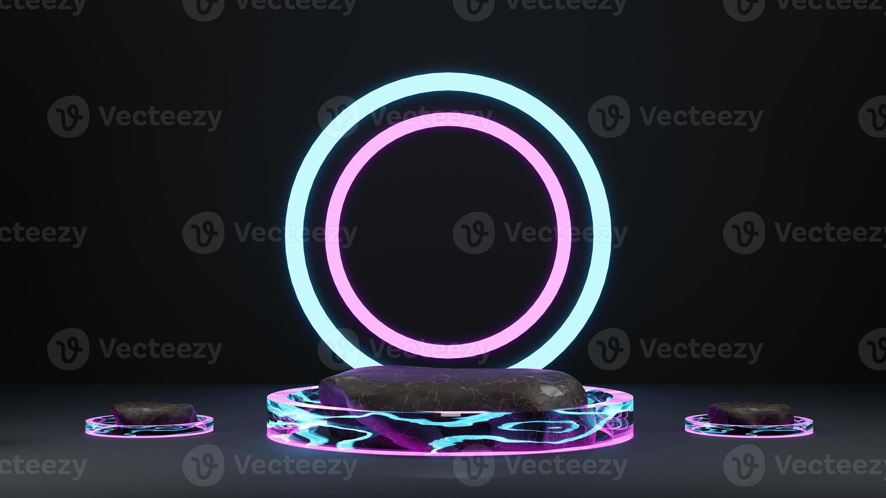 A neon circle with a rock on top of it photo
