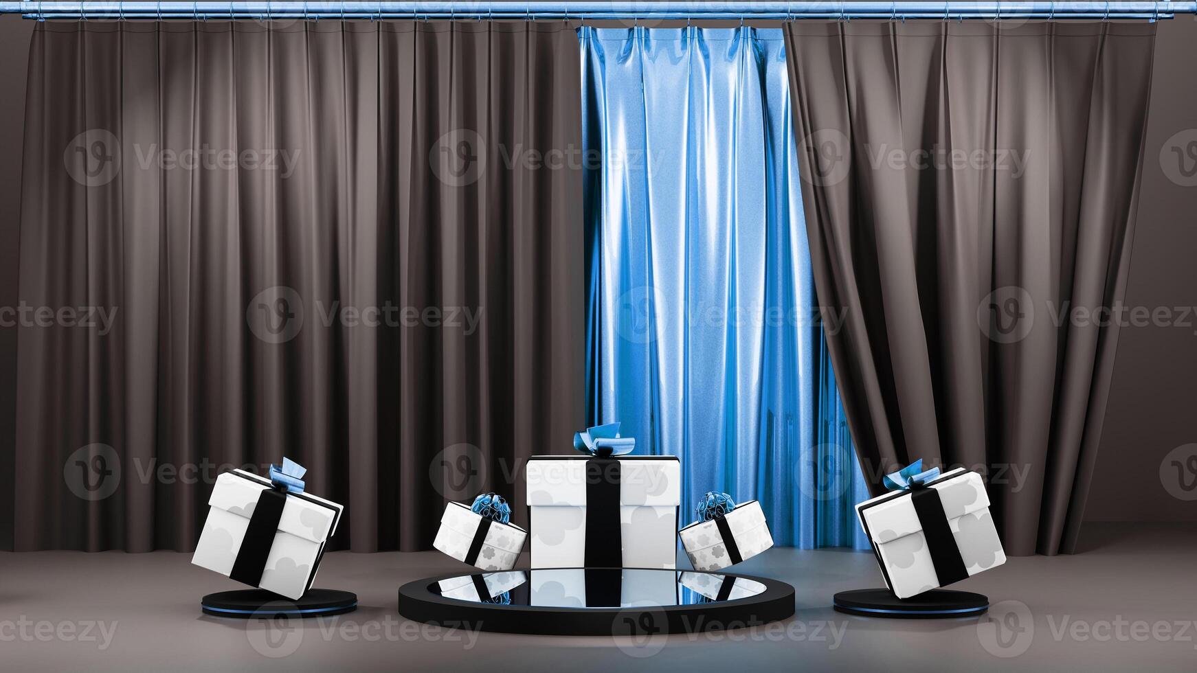 A room with a curtain and three boxes photo