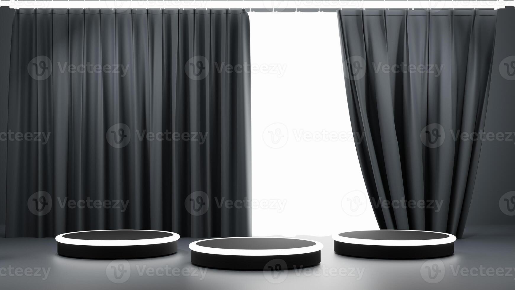 Black curtains and a round table in front of a window photo