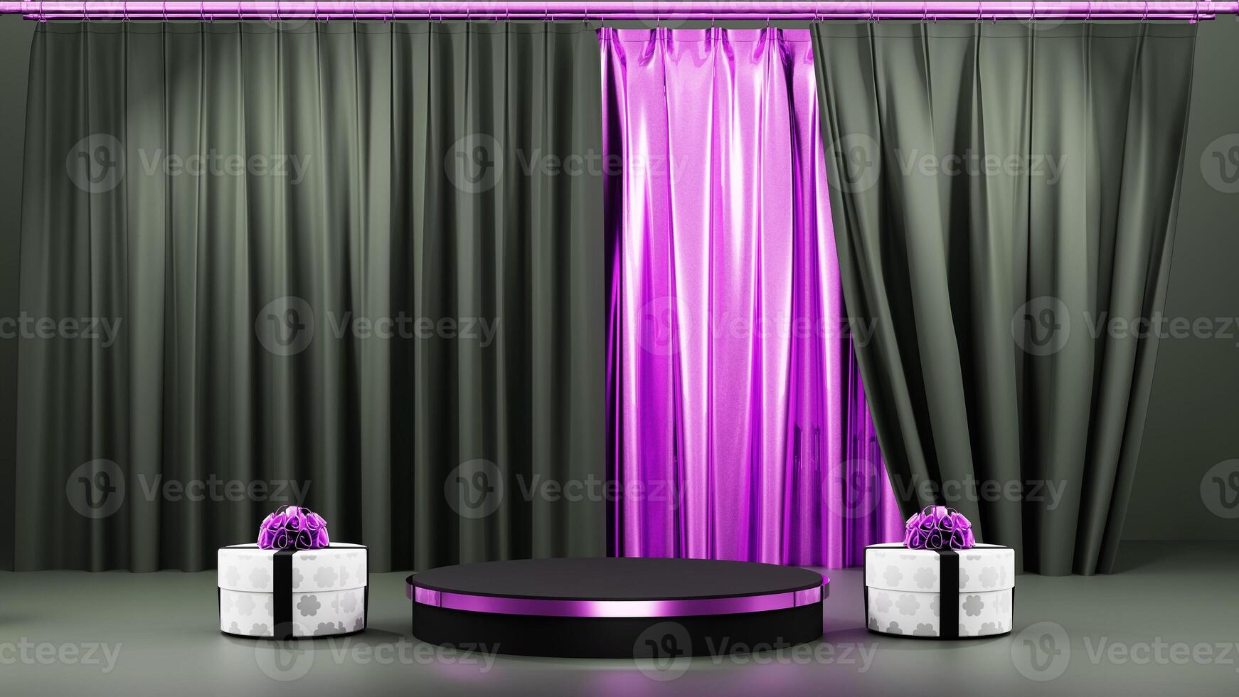 A purple curtain with a black table and two gift boxes photo