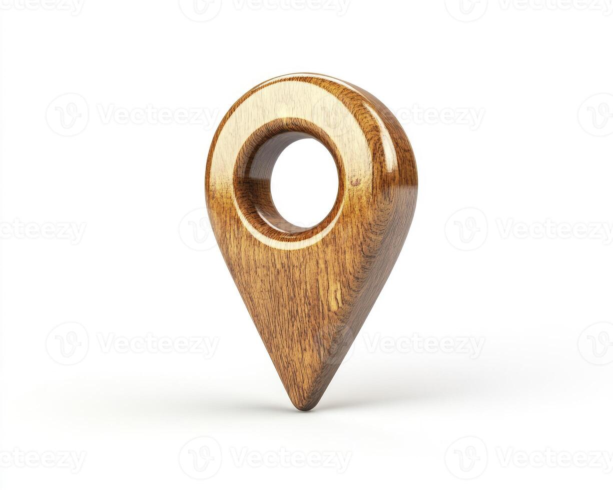 Wooden Location Pin Icon Isolated on White Background for Navigation photo