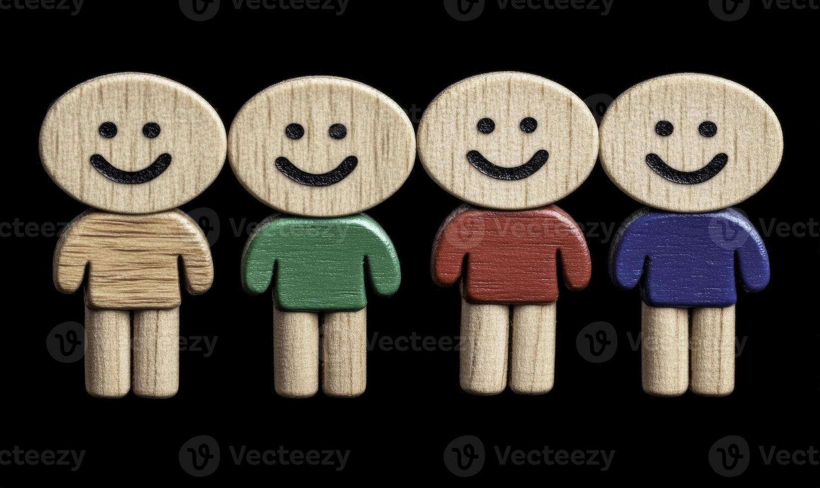 Colorful wooden figures with smiling faces representing diversity, happiness, and friendship, ideal for educational and creative projects. photo