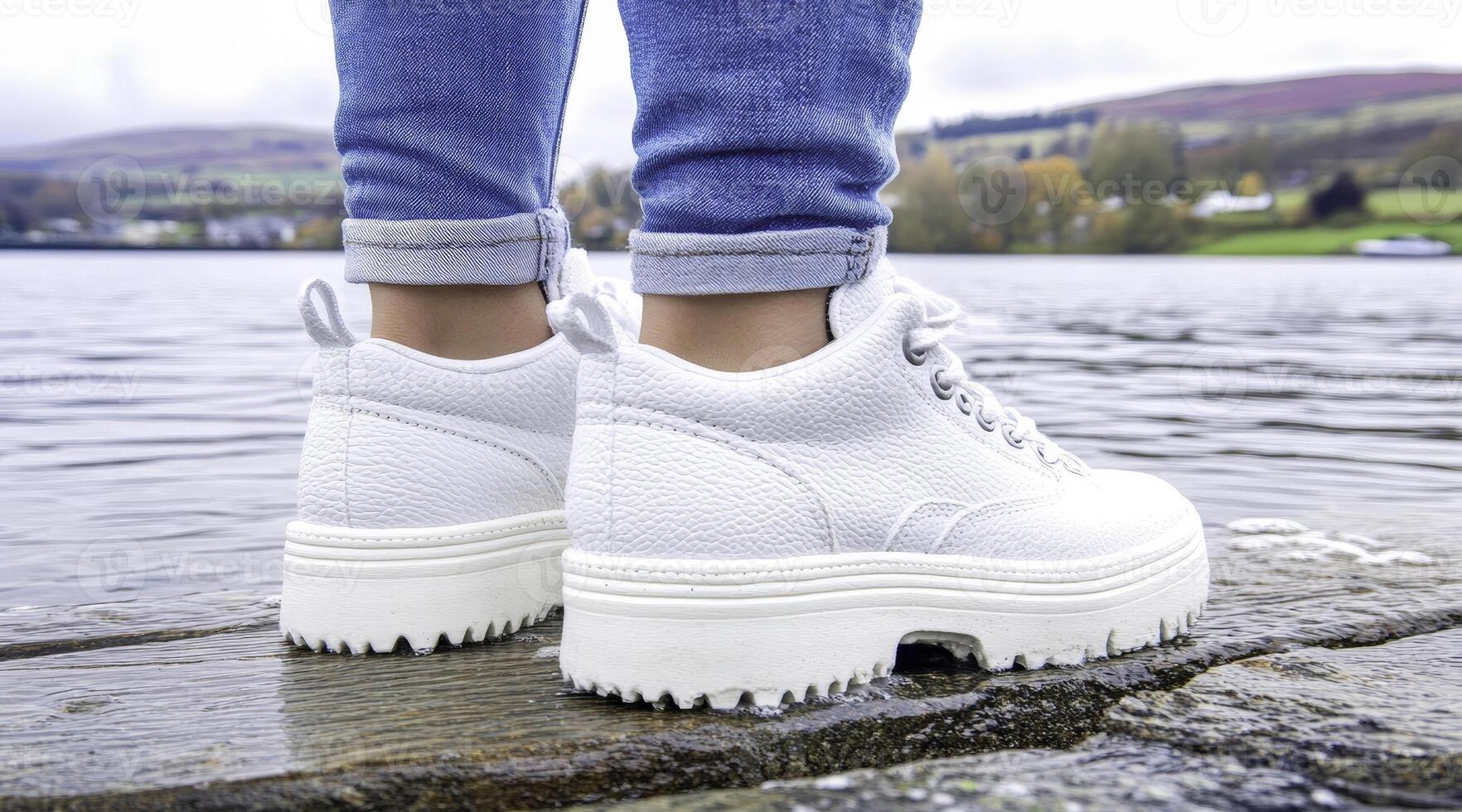 A person standing on a dock wearing white shoes photo