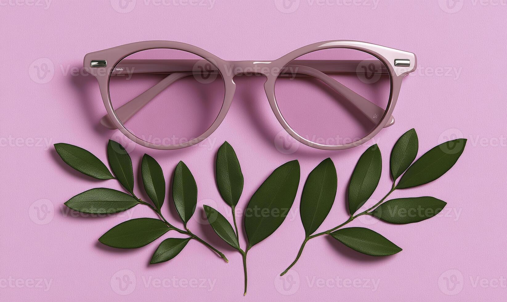 Glasses with leaves on pink background photo