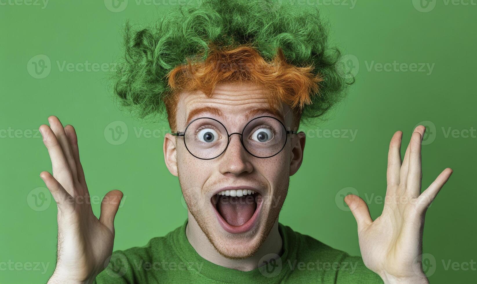 Excited young man with vibrant green and orange curly hair expressing joy against a bright green background in a playful and energetic pose photo