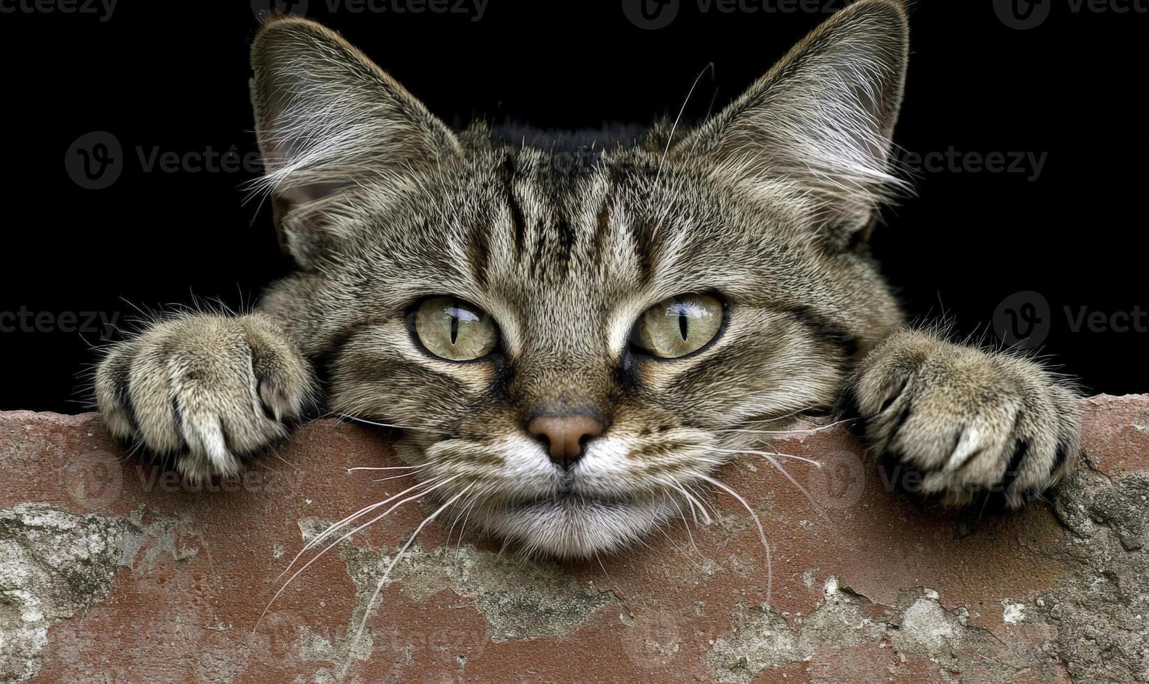 A cat peeking over a brick wall photo