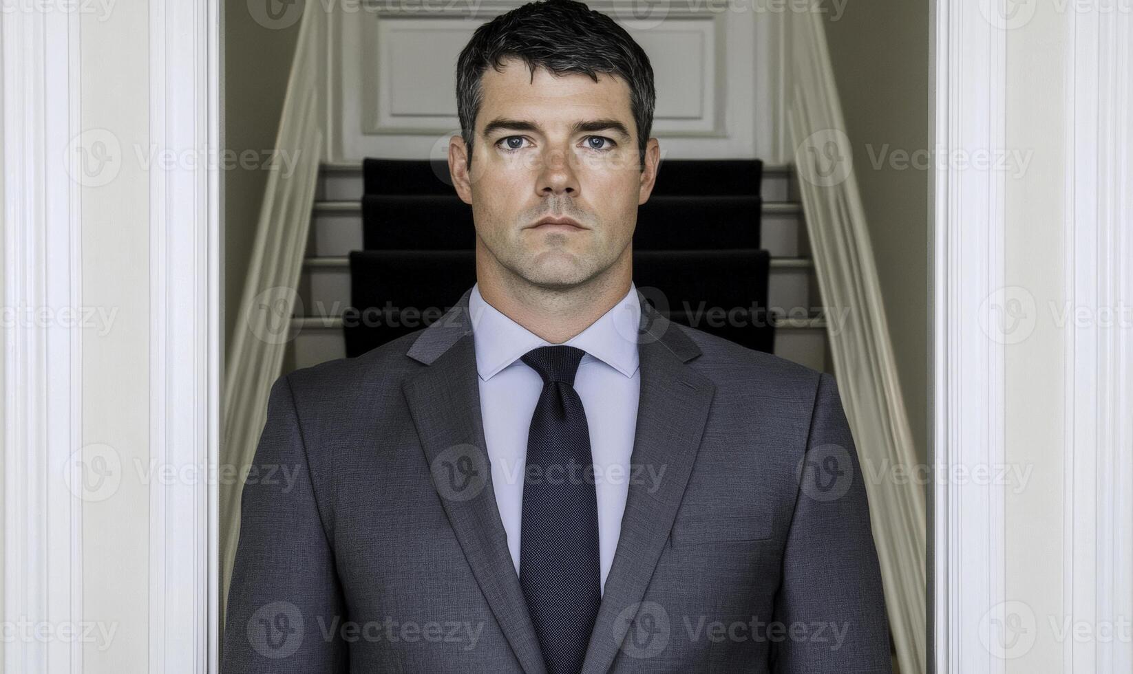 Confident businessman in tailored gray suit standing at the entrance of an elegant home, exuding professionalism and determination in a modern setting photo