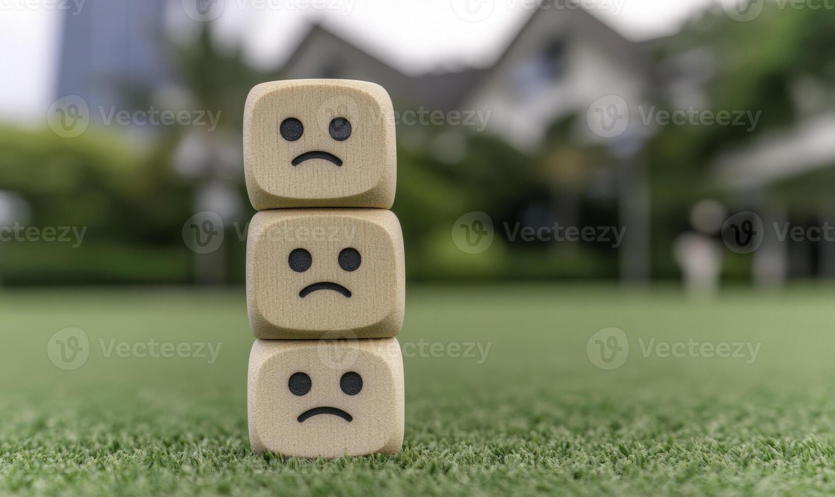 Three wooden blocks with sad faces on them photo
