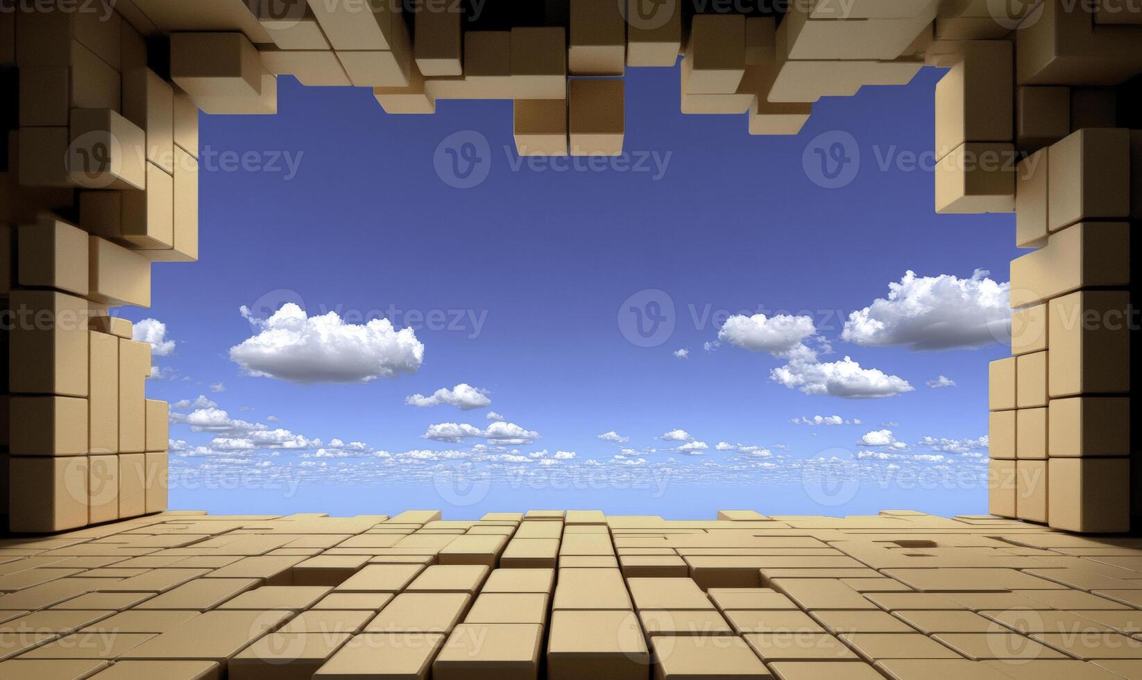 Open Wall of Cardboard Boxes Reveals Bright Blue Sky with Fluffy White Clouds and Endless Horizon for Concept of Freedom and Imagination photo