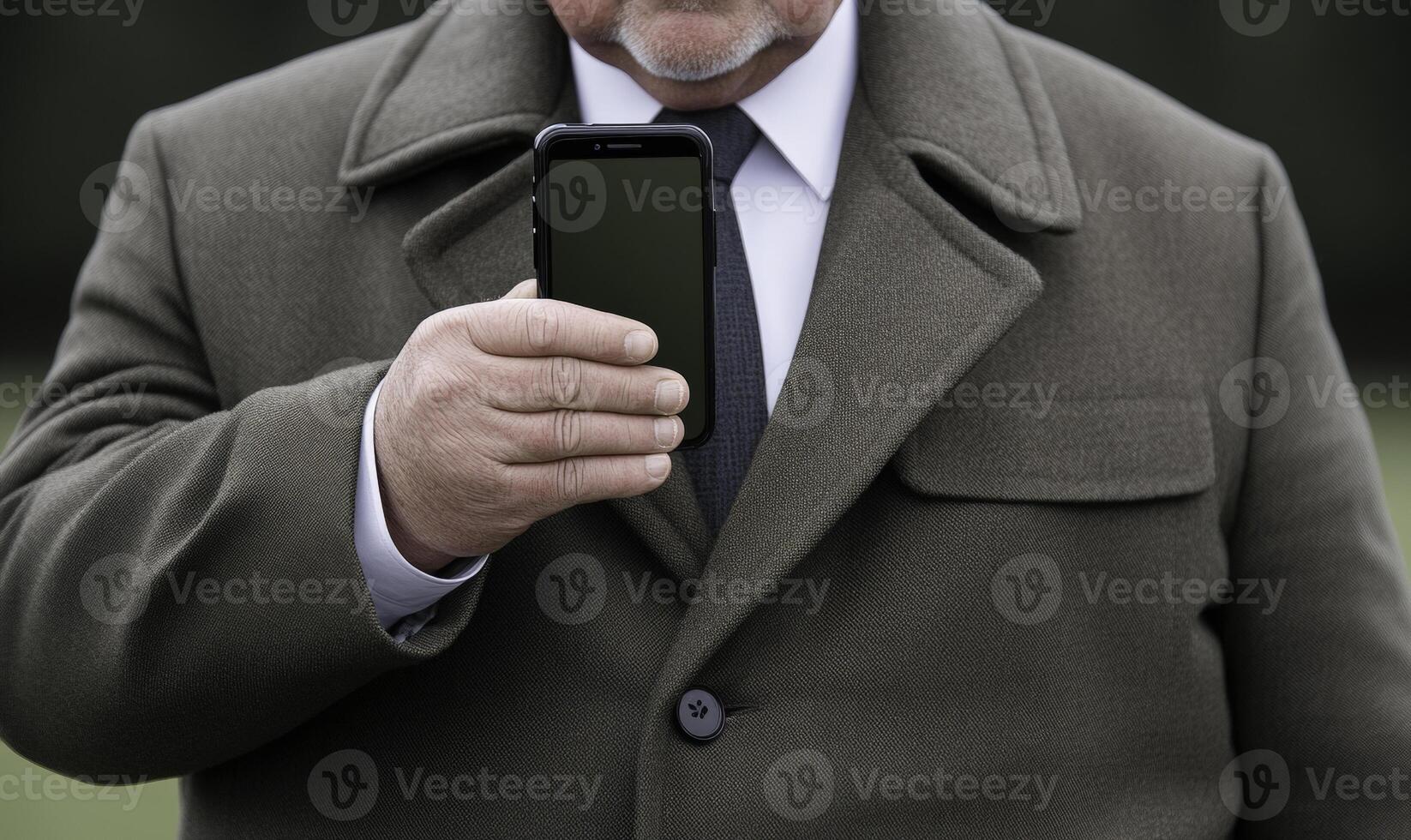 Businessman in Olive Green Coat Holding Smartphone with Blank Screen Outdoors in a Formal Environment with Blurry Background photo
