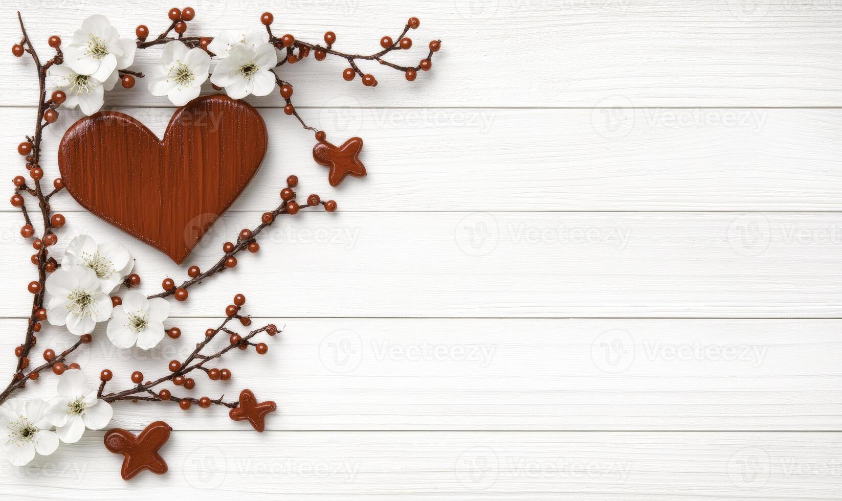Romantic Heart Decoration with White Flowers and Red Berries on a Rustic Wooden Background for Valentine's Day or Love Celebrations photo