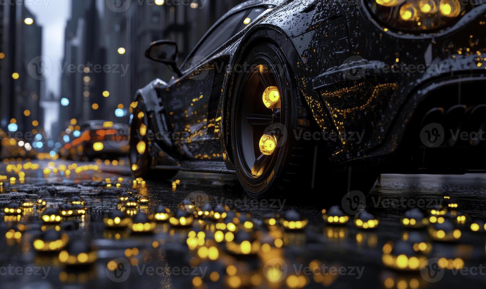 A car with yellow lights on the road photo