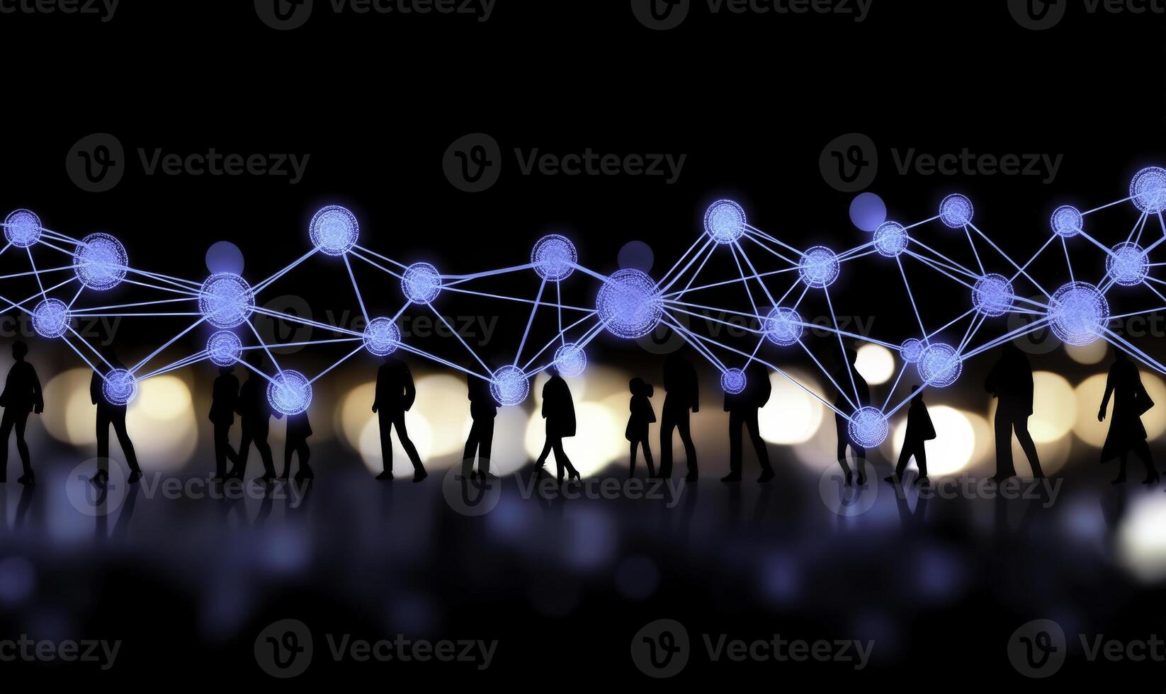 Silhouettes of People Walking with Digital Network Connections Representing Technology, Communication, and Social Interaction in Modern Society photo