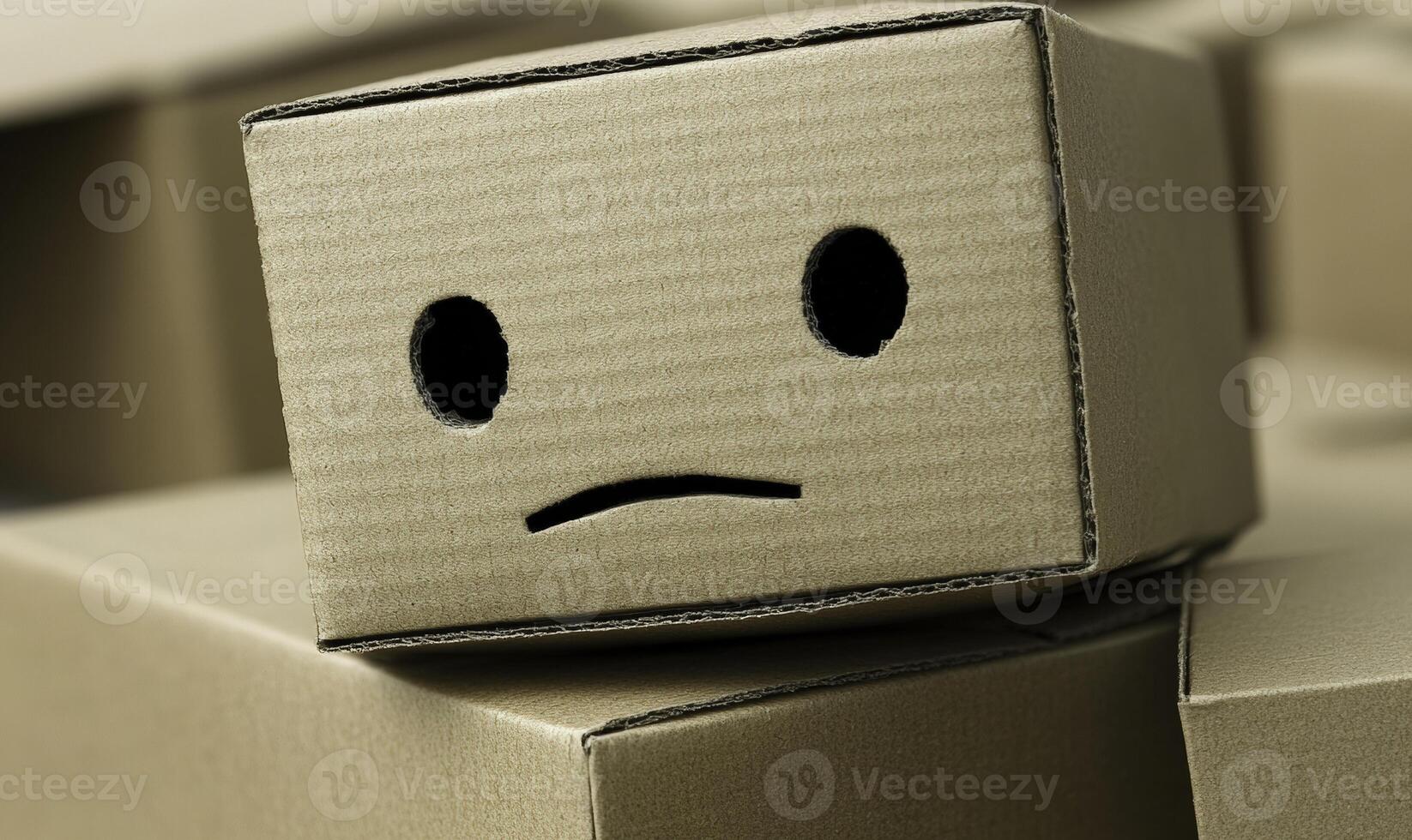 Cute cardboard box with a sad face expression, representing themes of loneliness, emptiness, or abandonment in a creative and artistic way photo