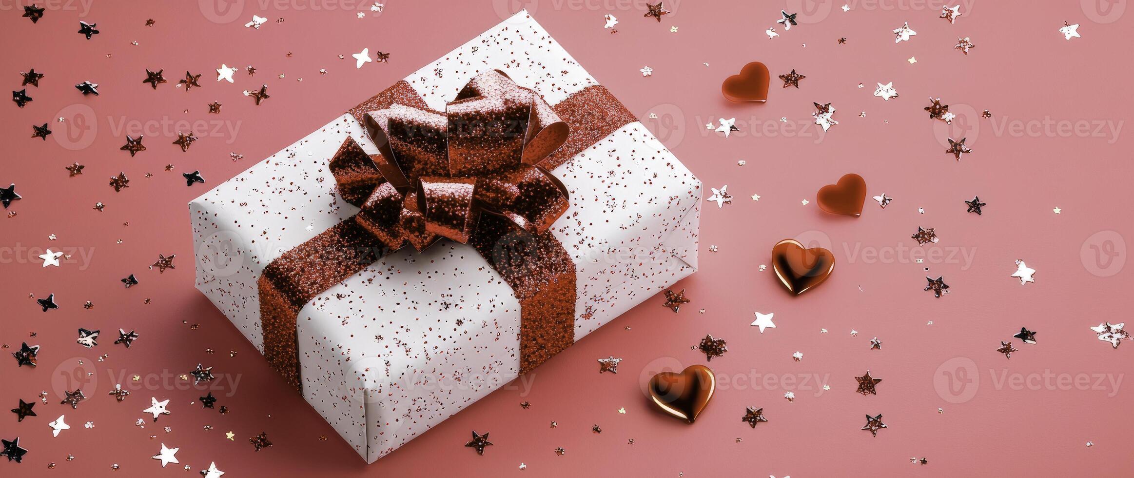 Decorative Gift Box with Shiny Red Bow Surrounded by Glittery Hearts and Stars on a Pink Background Ideal for Celebrations and Special Occasions photo
