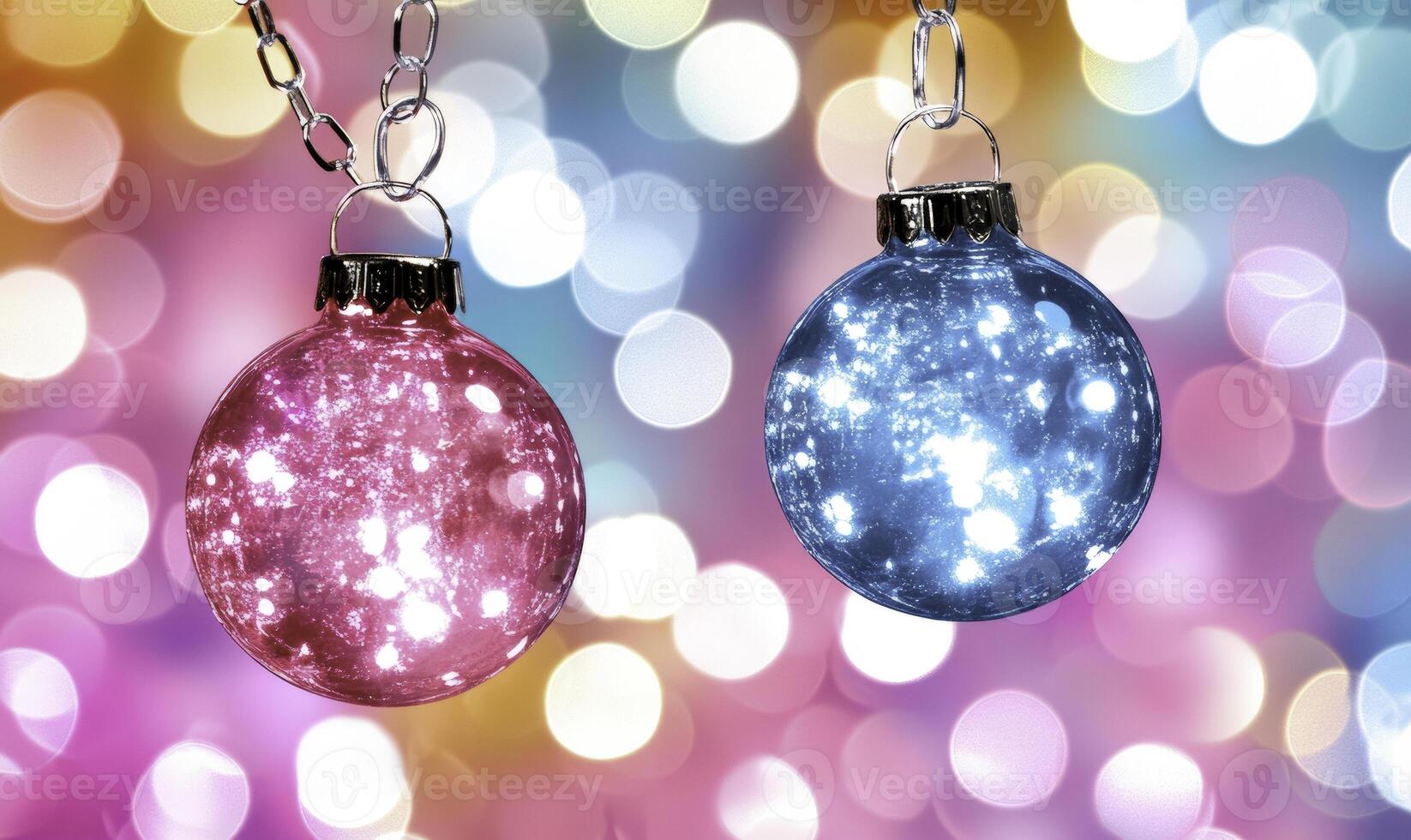 Colorful Decorative Ornaments with Shimmering Lights against a Soft Bokeh Background for Holiday Cheer and Festive Celebrations photo