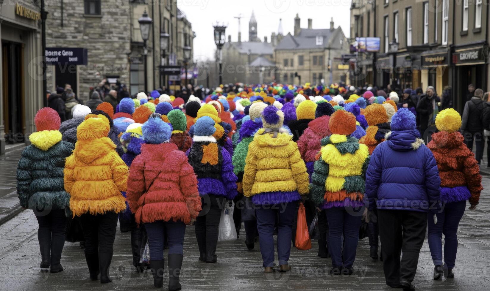 Colorful crowd in vibrant jackets walking down the street during a festival showcasing community spirit and artistic expression in a lively urban setting photo