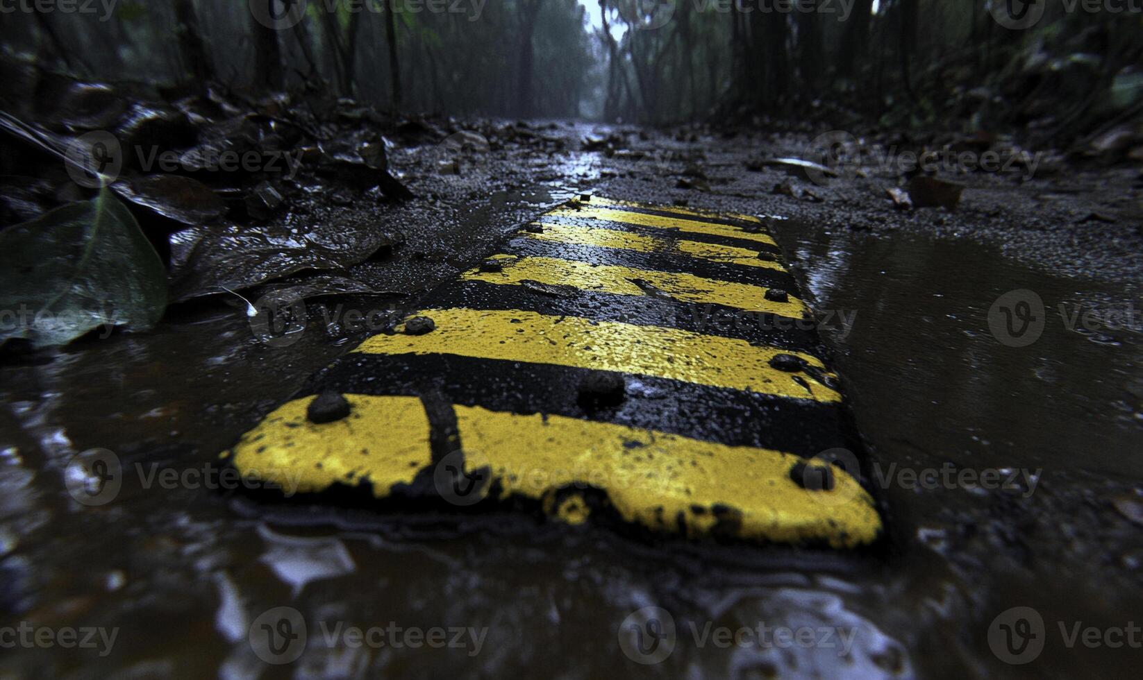 Wet Pathway with Yellow and Black Warning Sign in a Dense Forest Surrounded by Rain and Lush Greenery, Evoking a Sense of Mystery and Adventure photo