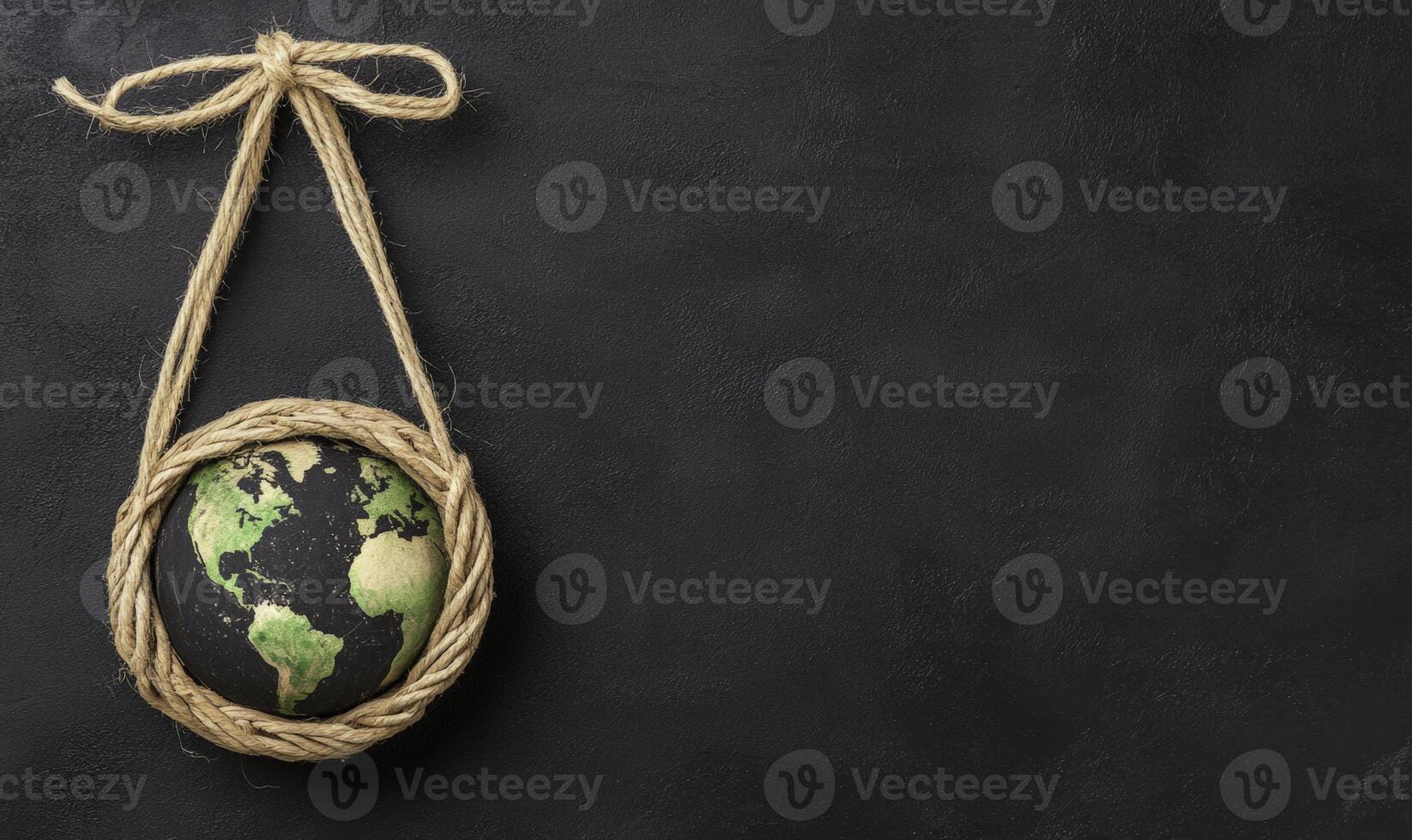 Earth globe in a rope frame hanging against a dark background, symbolizing environmental awareness, sustainability, and global unity for nature conservation efforts. photo