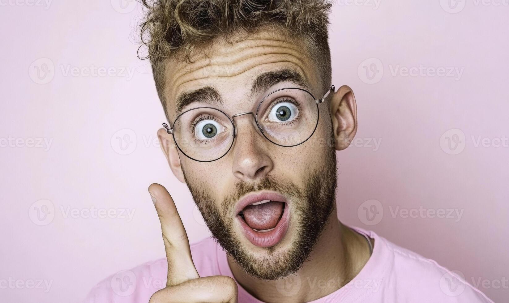 A man with glasses and a pink shirt is making a funny face photo