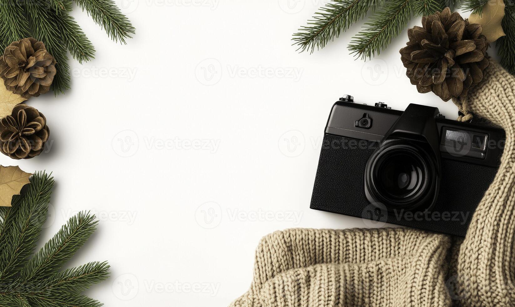 A camera and a knitted sweater on a white background photo