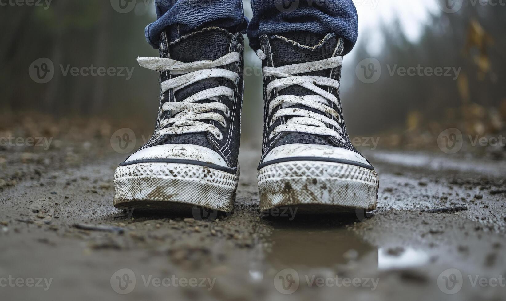 A person wearing sneakers standing on a muddy road photo