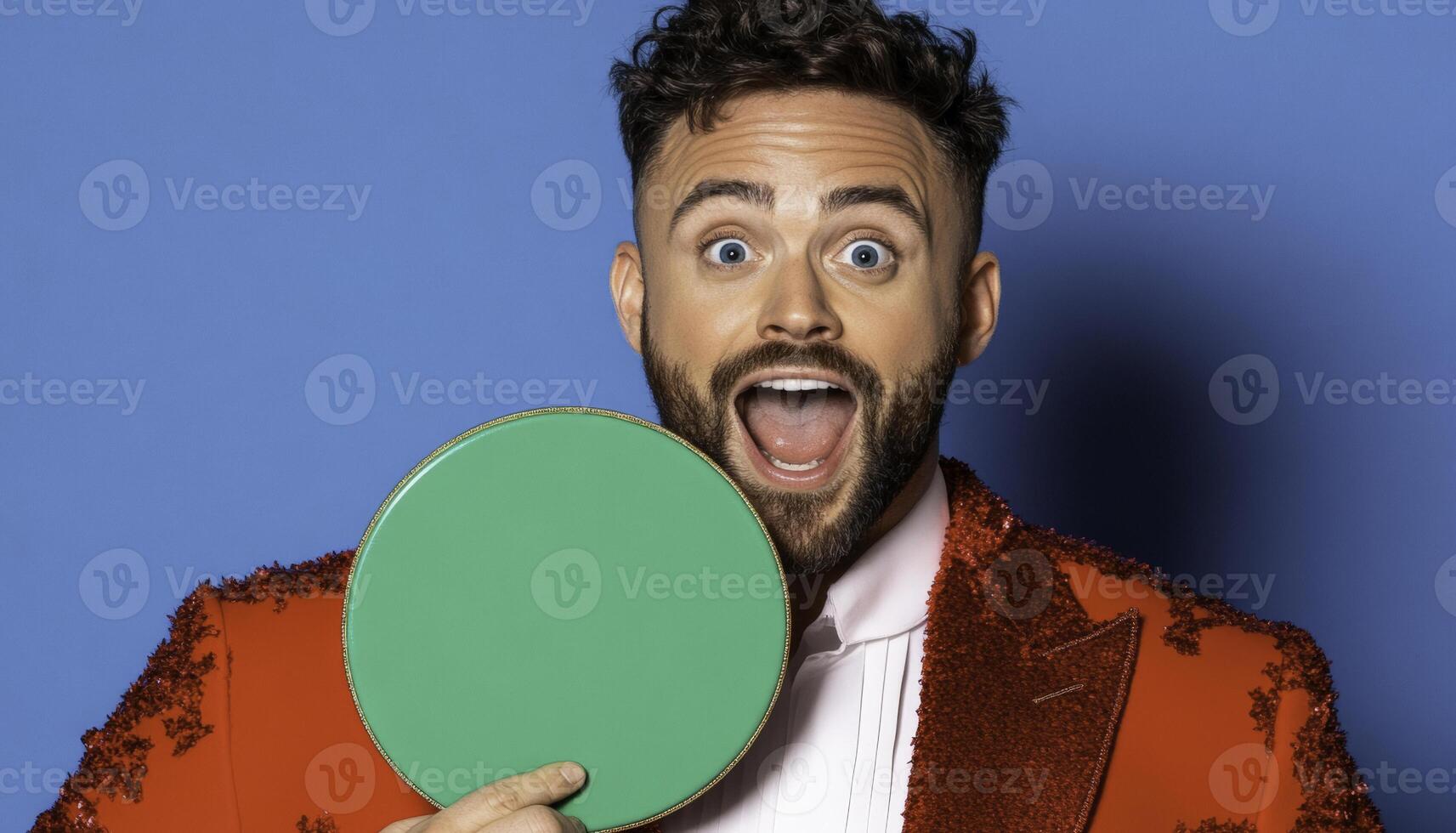 A man in a red jacket holding a ping pong ball photo