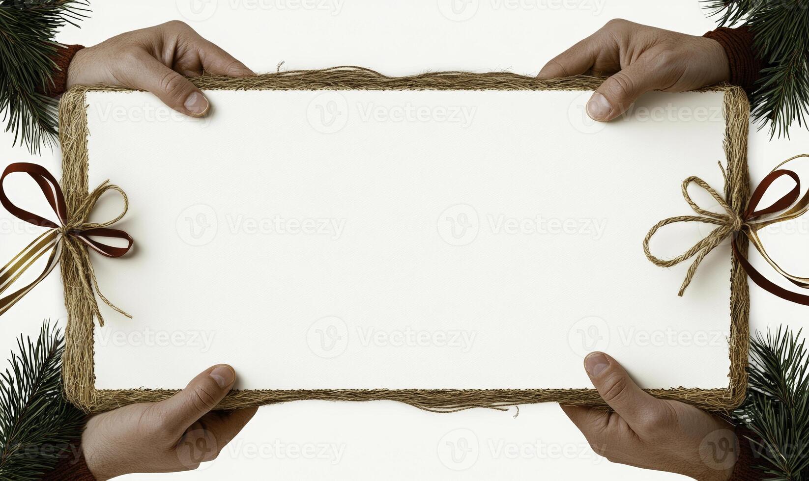 Hands holding a blank paper with christmas decorations photo