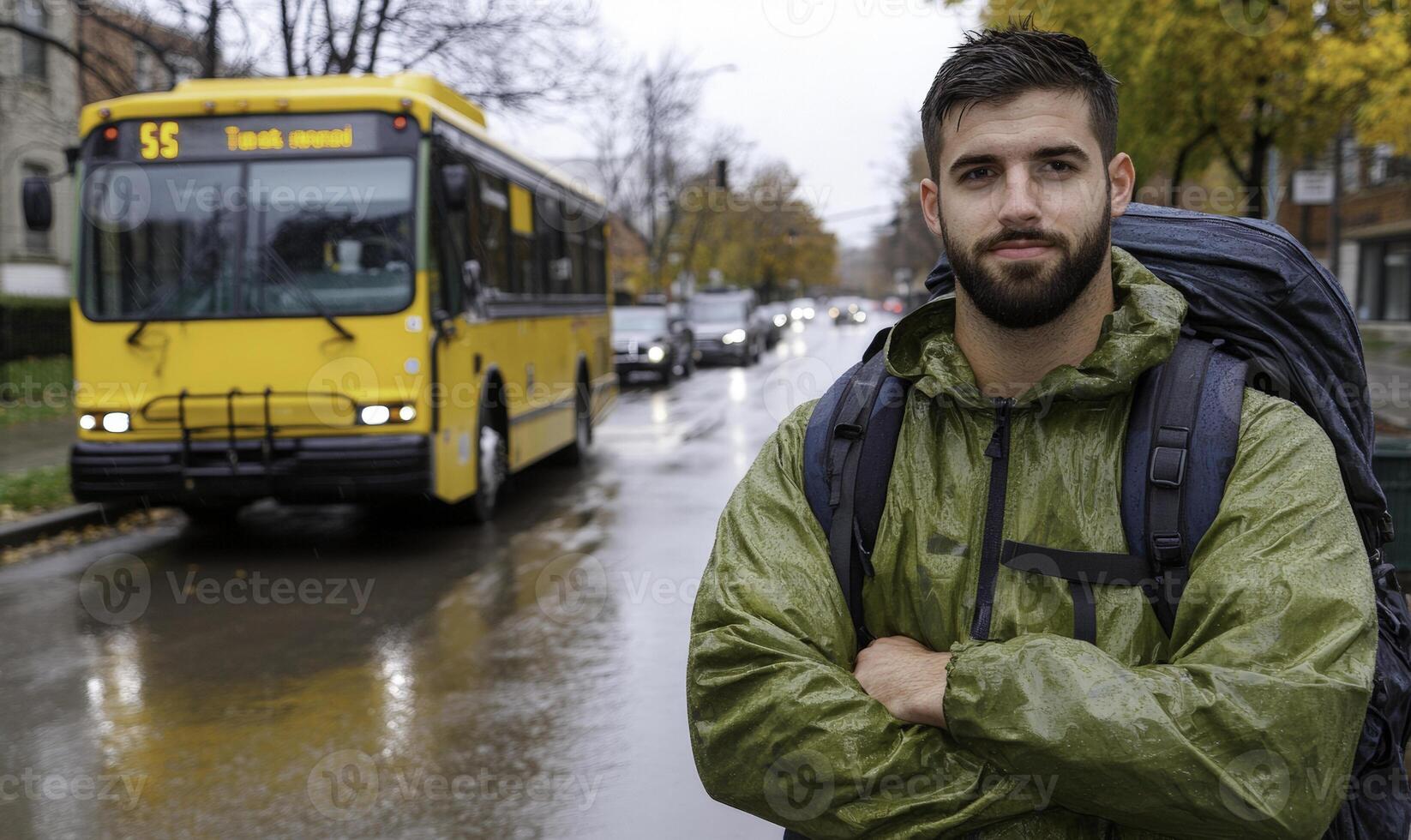 A man with a backpack standing in the rain photo