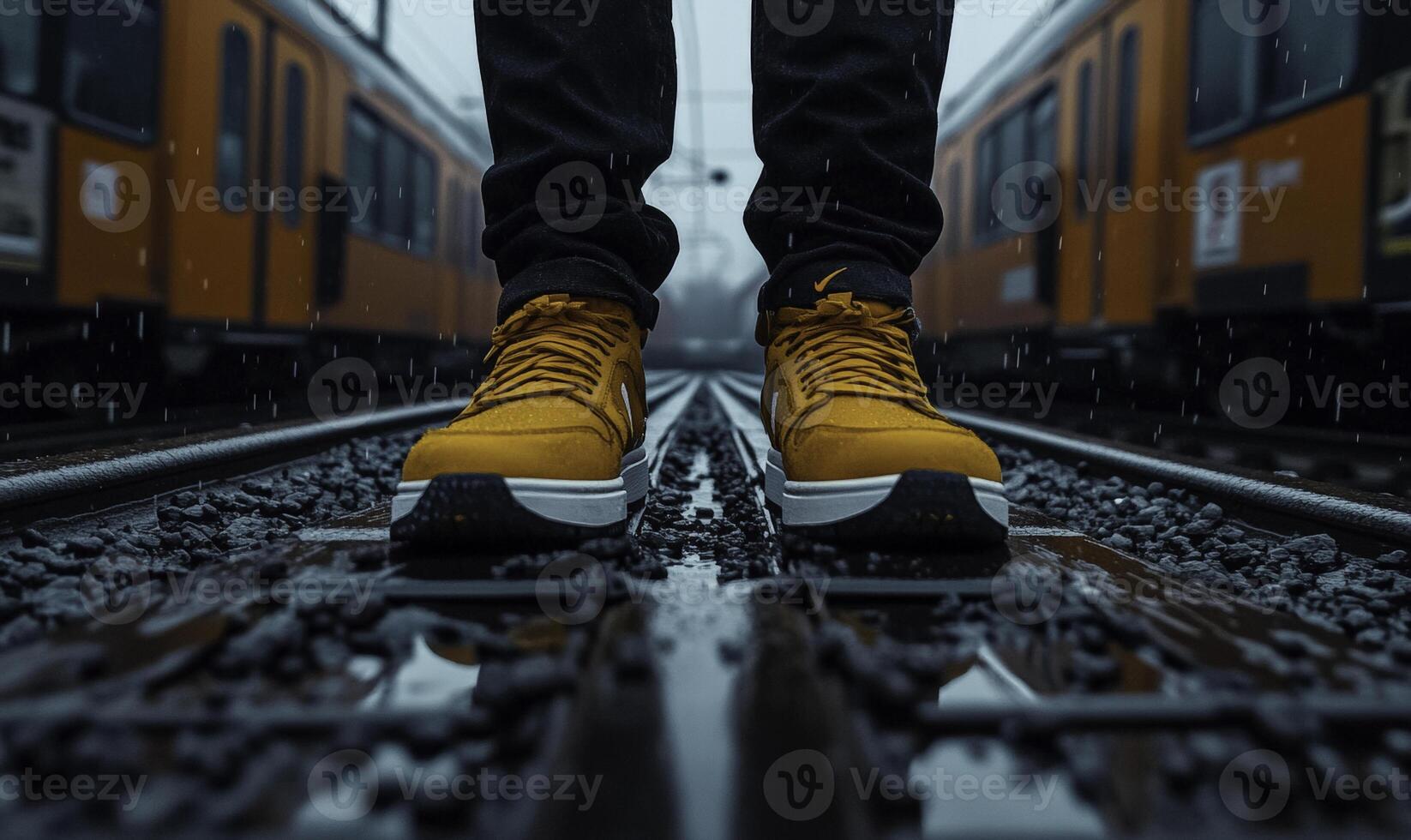 A person standing on railroad tracks with yellow shoes photo