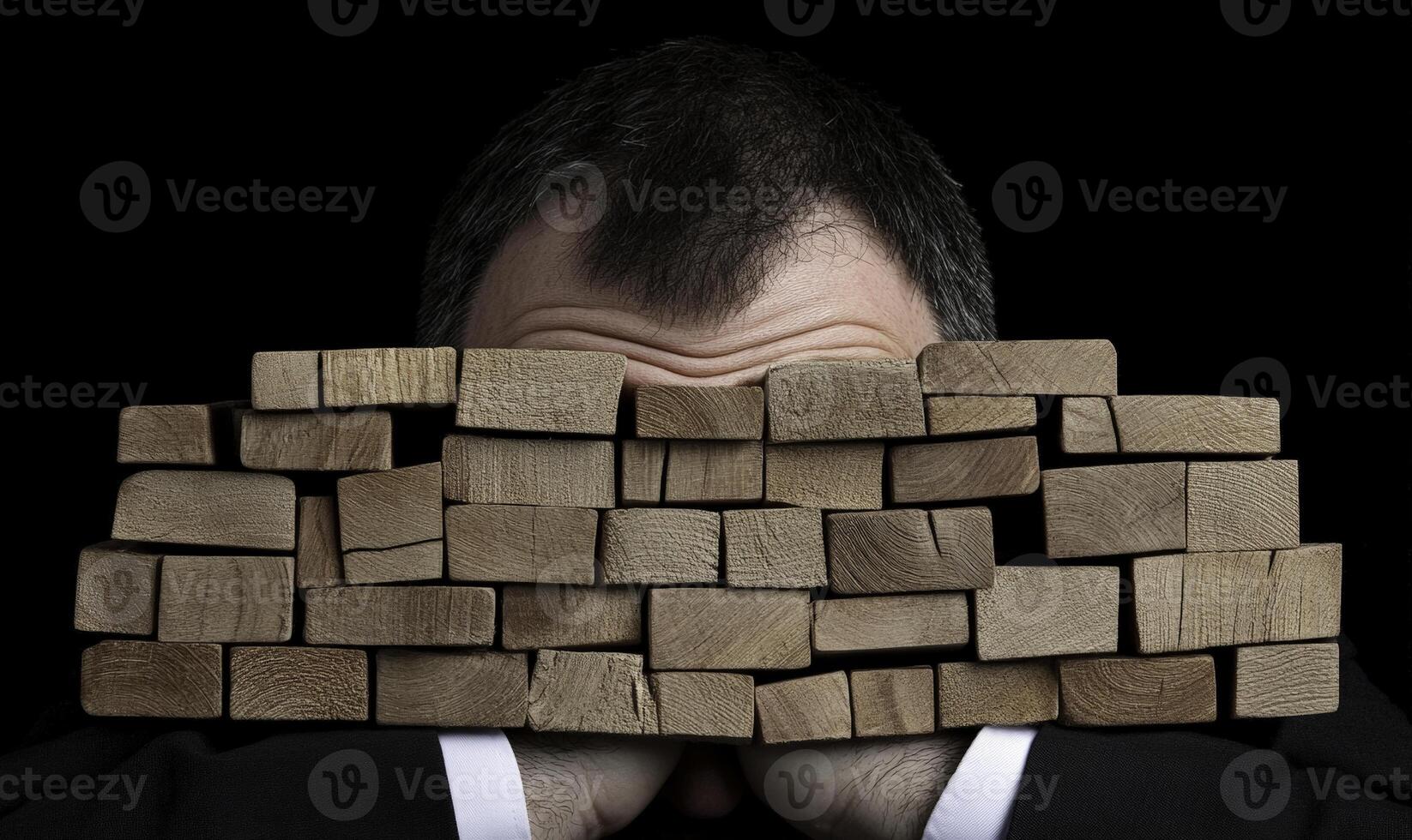 A man in a suit holding a pile of wood blocks photo