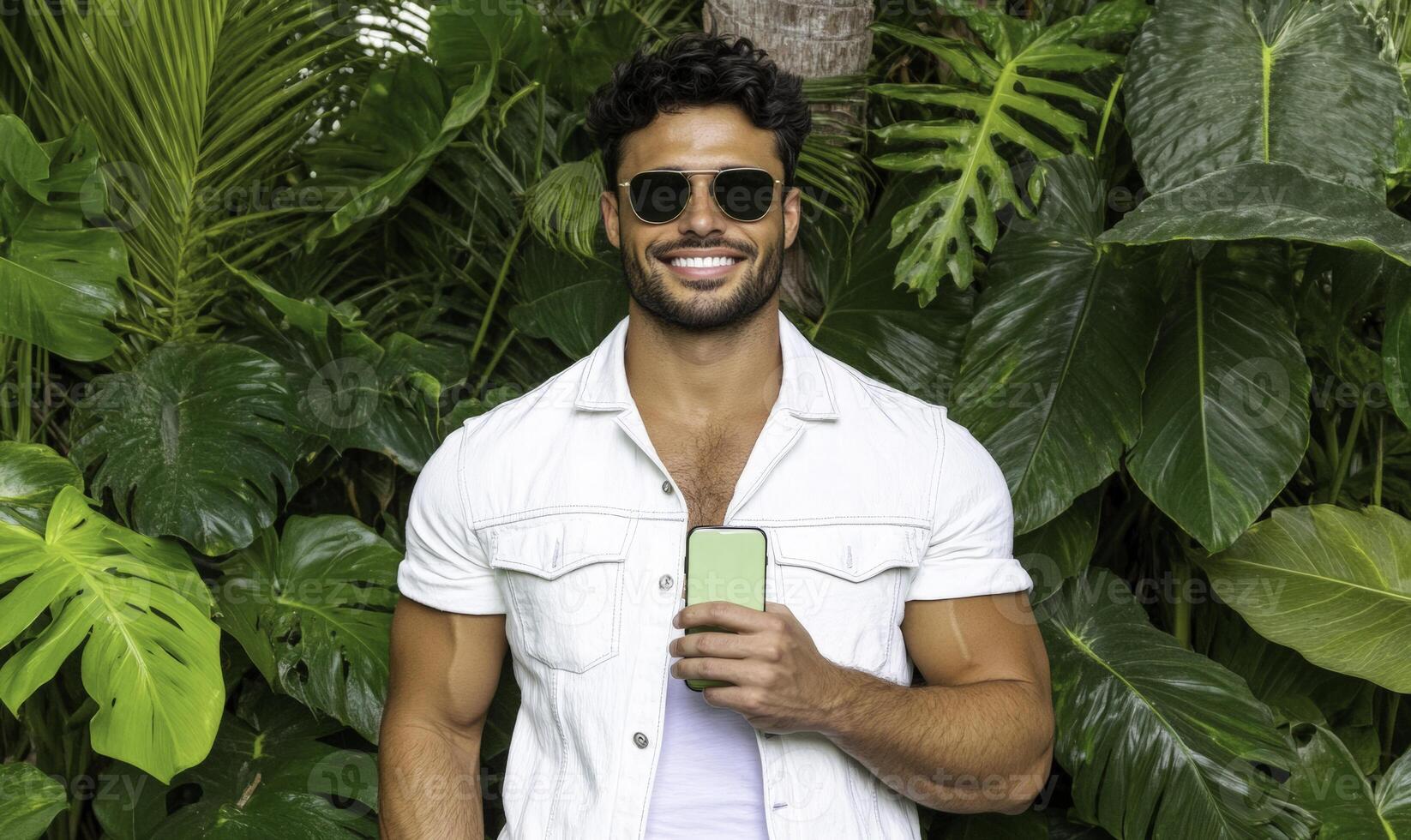 A man in sunglasses holding a cell phone in front of tropical plants photo