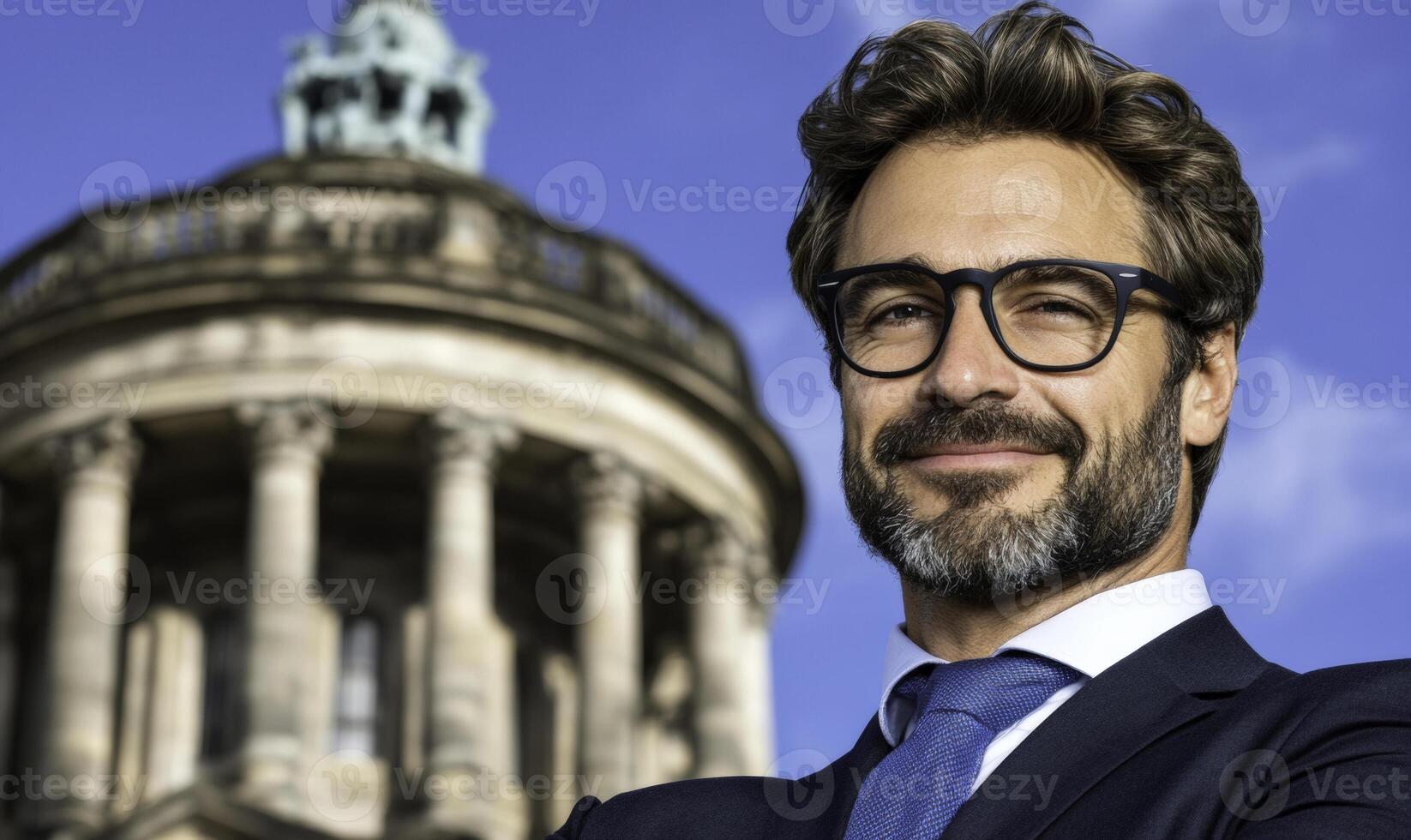 A man with glasses and a suit standing in front of a building photo