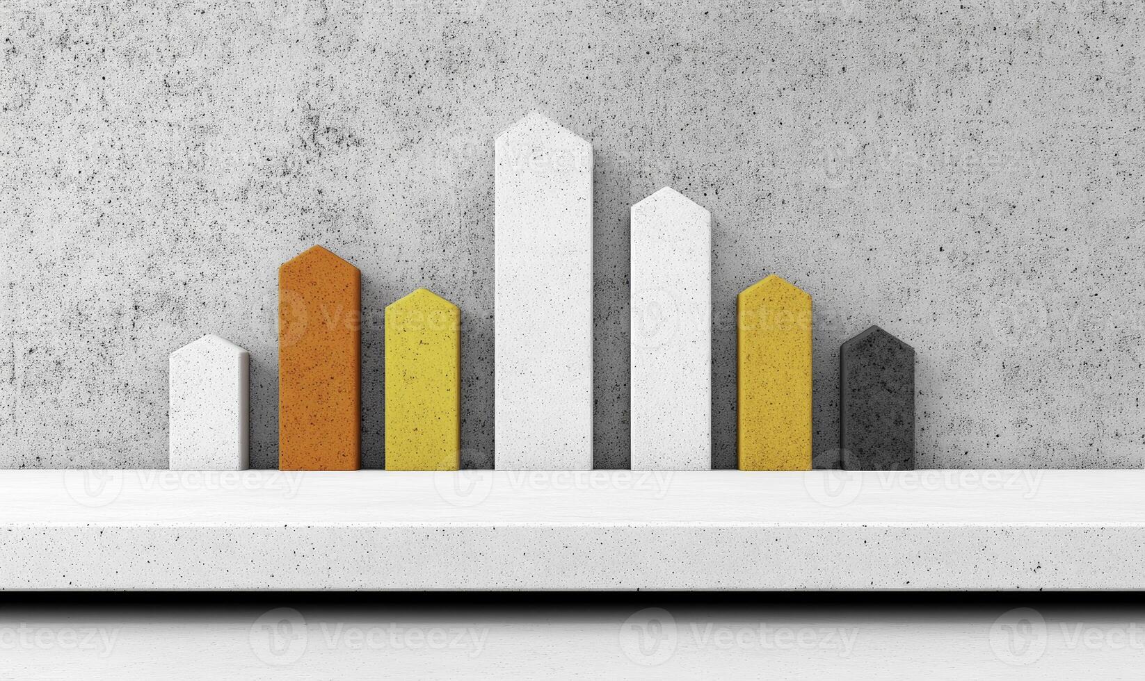 A shelf with a yellow and orange bar graph photo