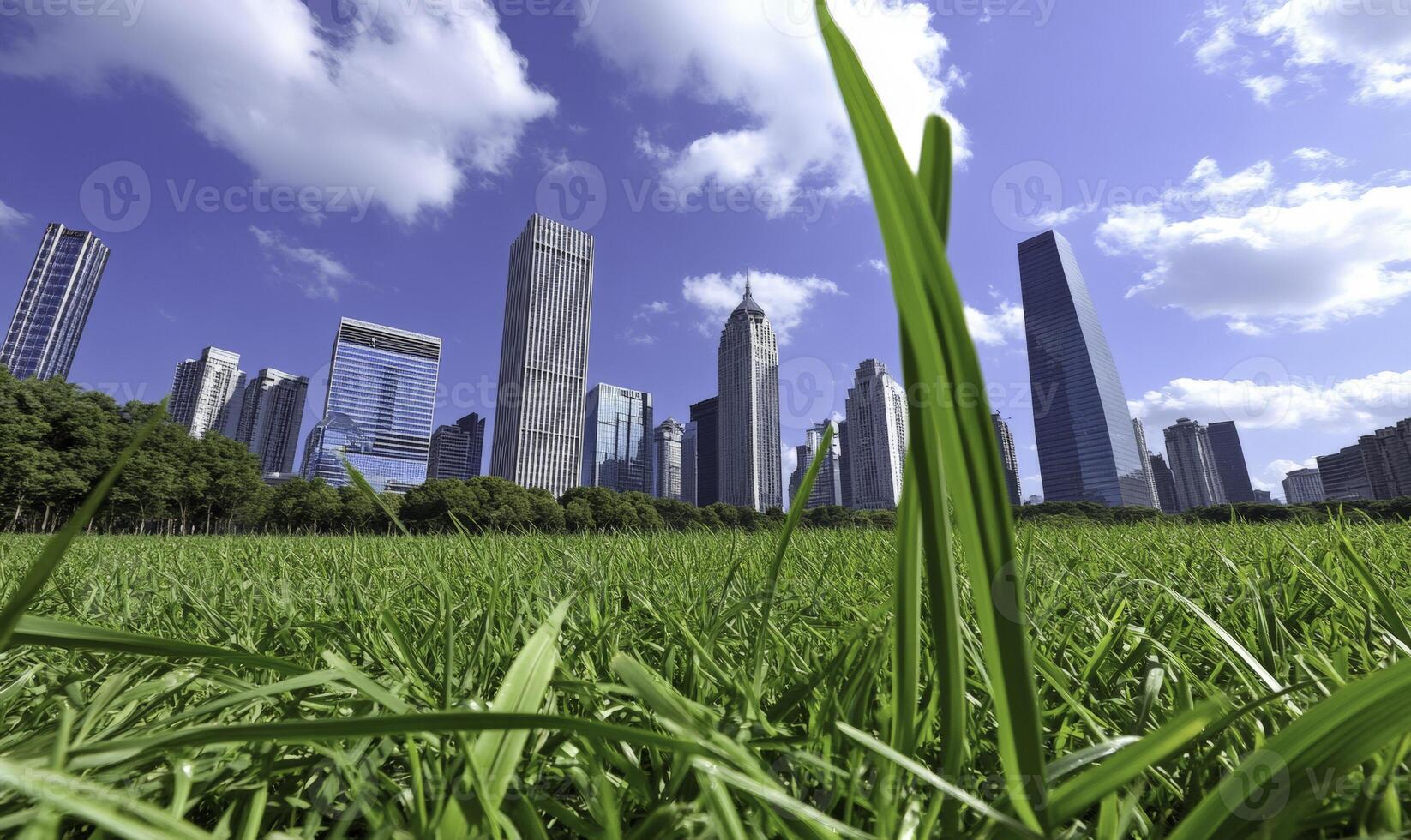 A grassy field with tall buildings in the background photo