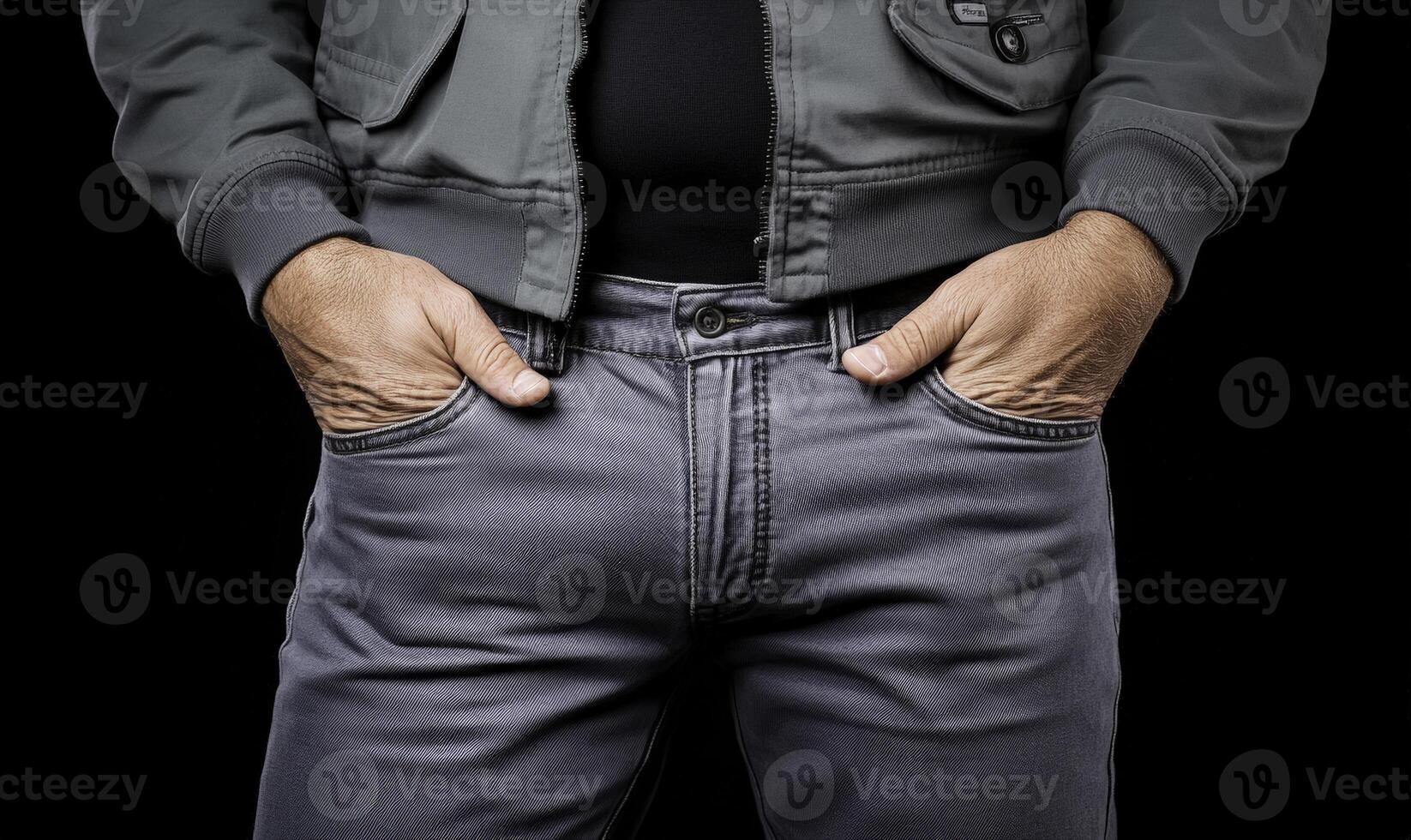 A man in jeans and jacket standing with his hands in his pockets photo