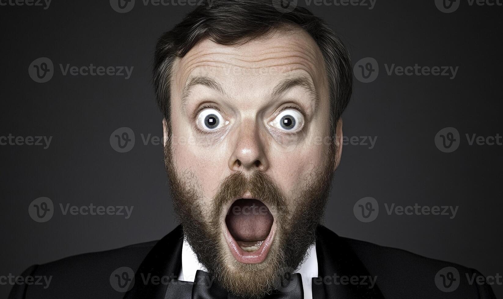 A man with a beard and a bow tie is making a surprised face photo