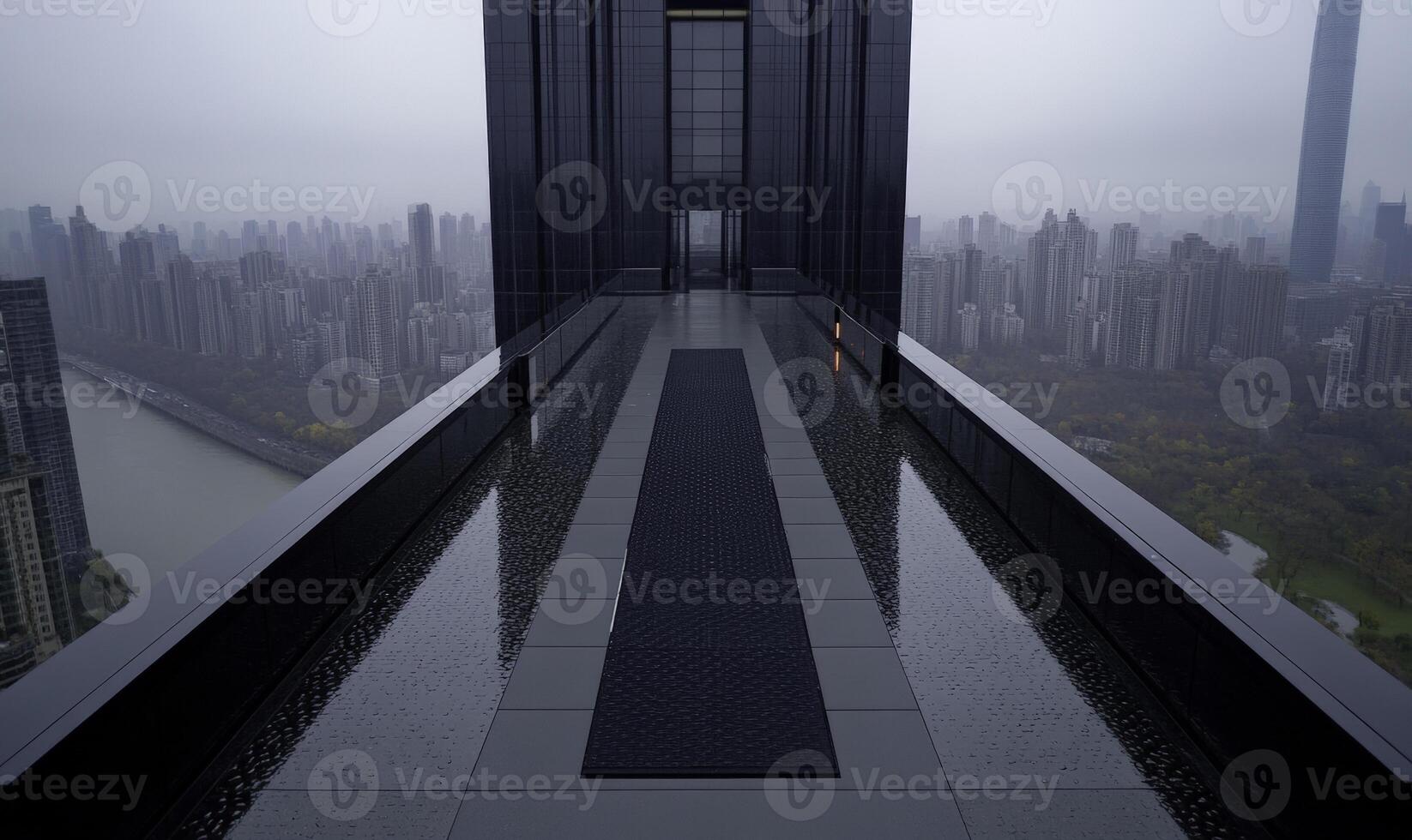 A long walkway in front of a city skyline photo
