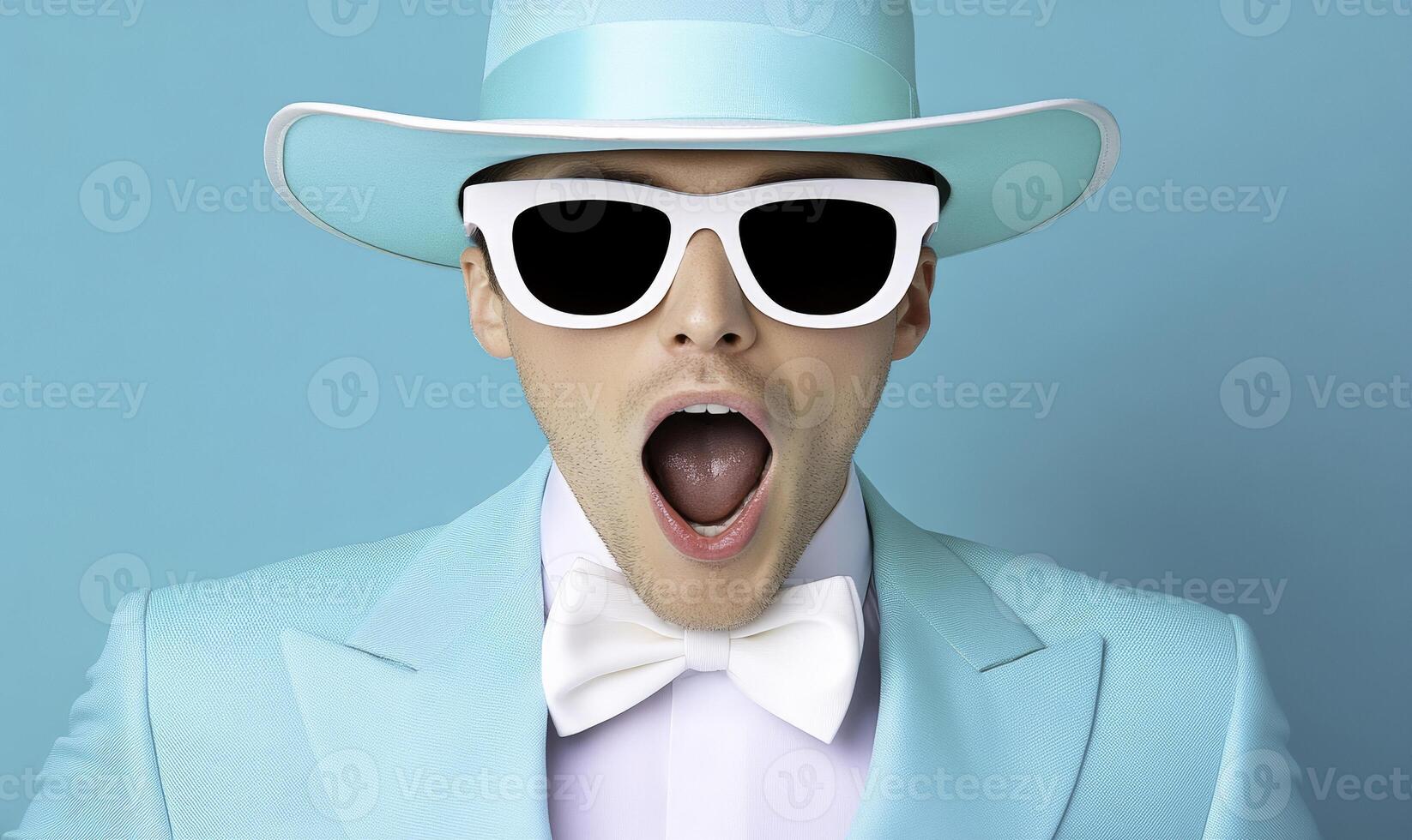 A man in a blue suit and hat with sunglasses photo