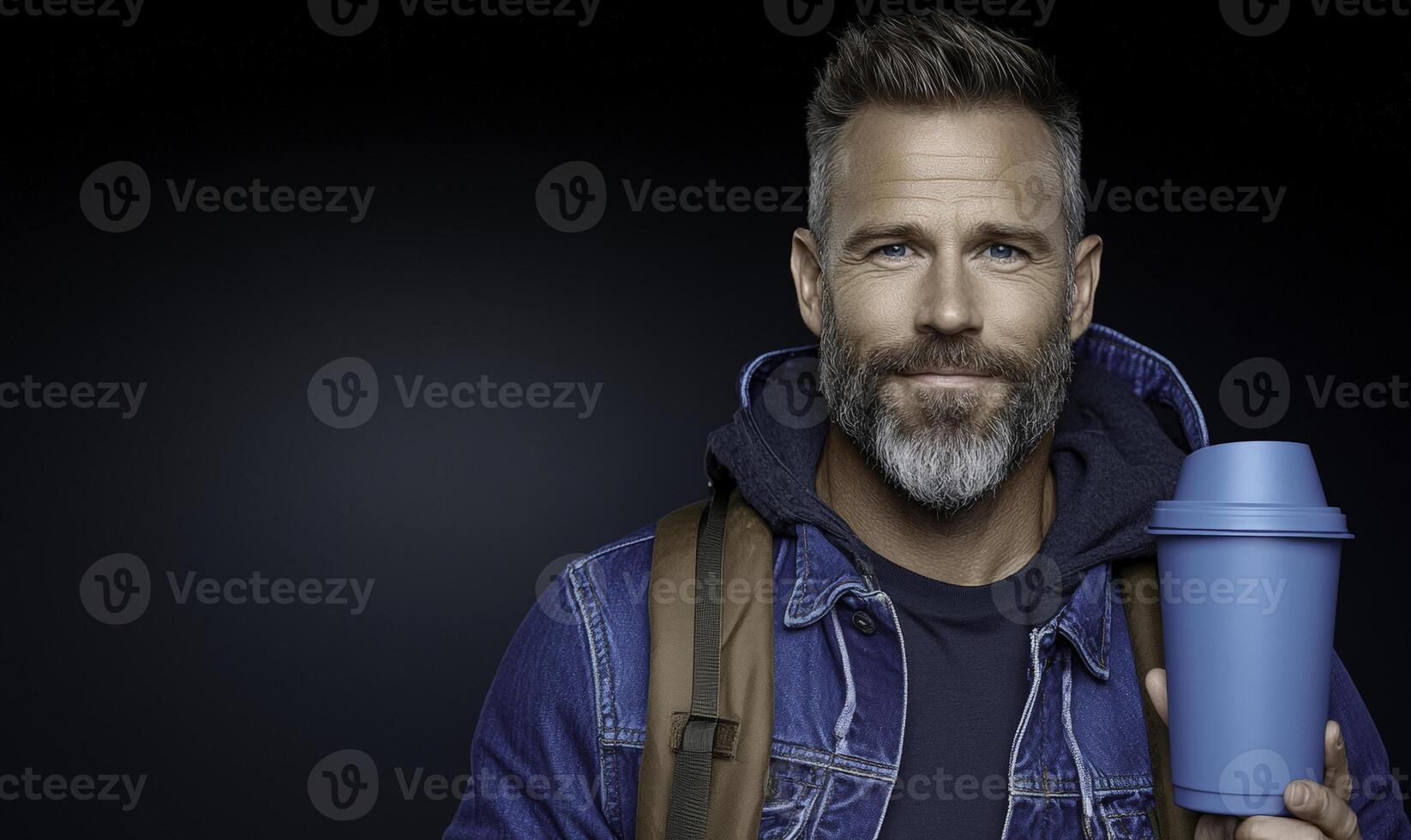 A man with a beard and blue jacket holding a coffee cup photo