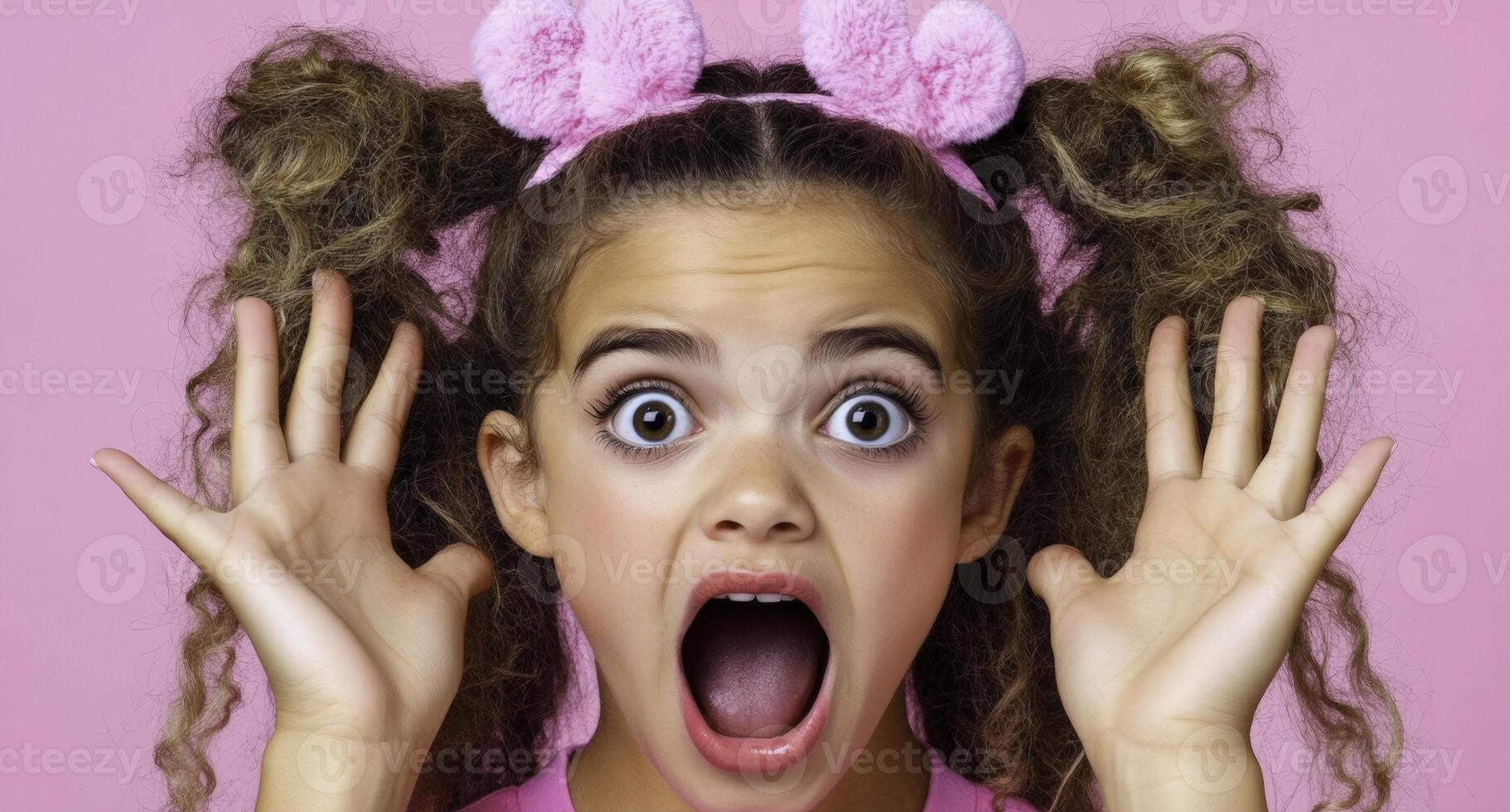 A young girl with pink hair and ears on her head photo